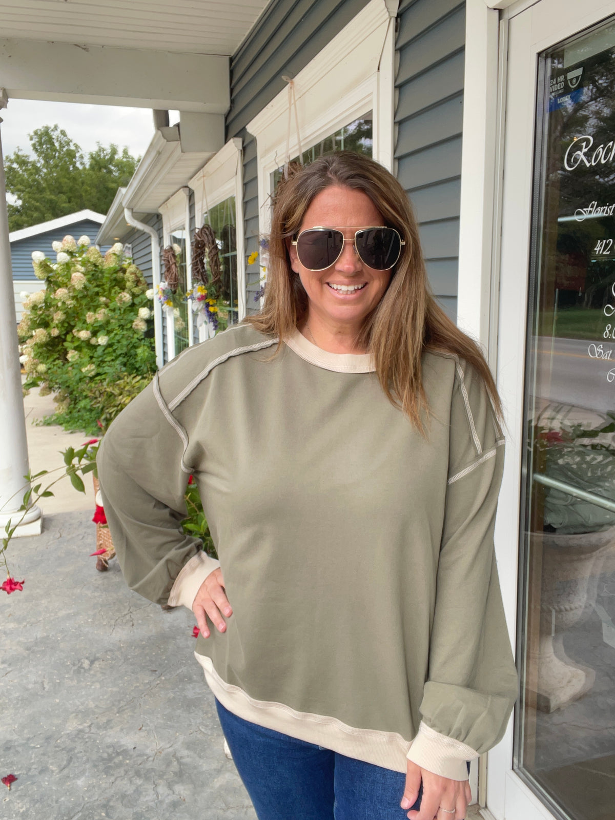 Olive Exposed Seam Contrast Trim Knit Top