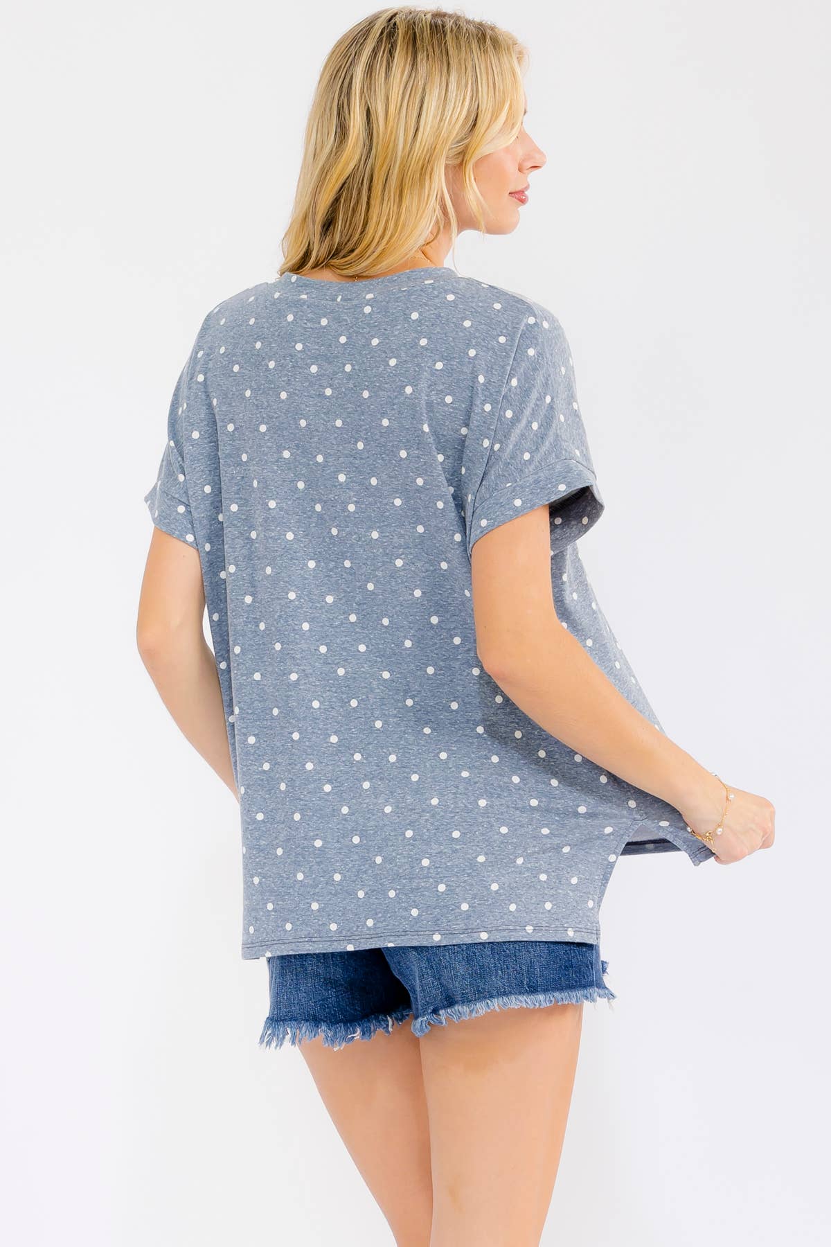 HEATHERED DENIM POLKA DOT KNIT TOP