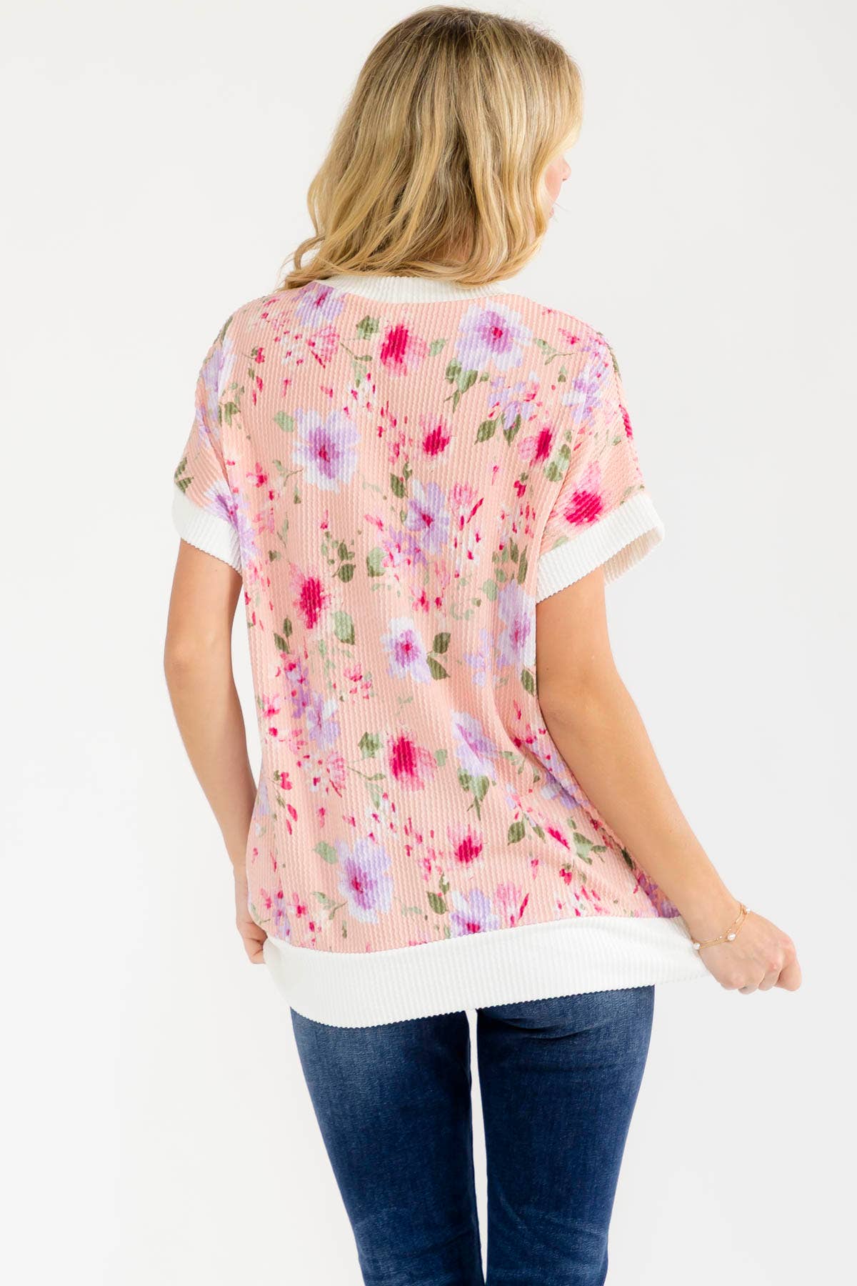 PEACH FLORAL RAISED RIBBED KNIT TOP