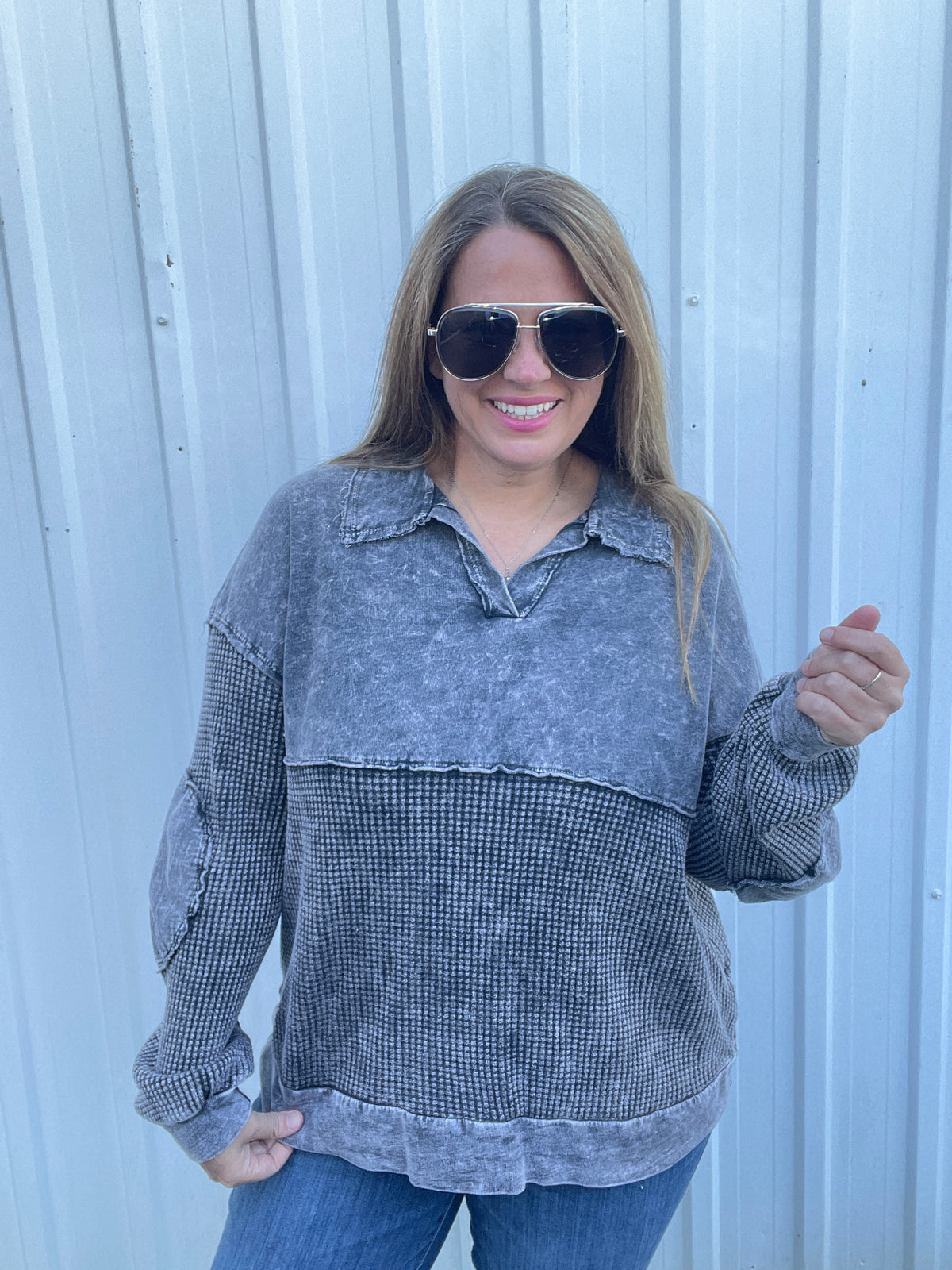 ASHED BLACK MINERAL WASH CONTRAST KNIT TOP