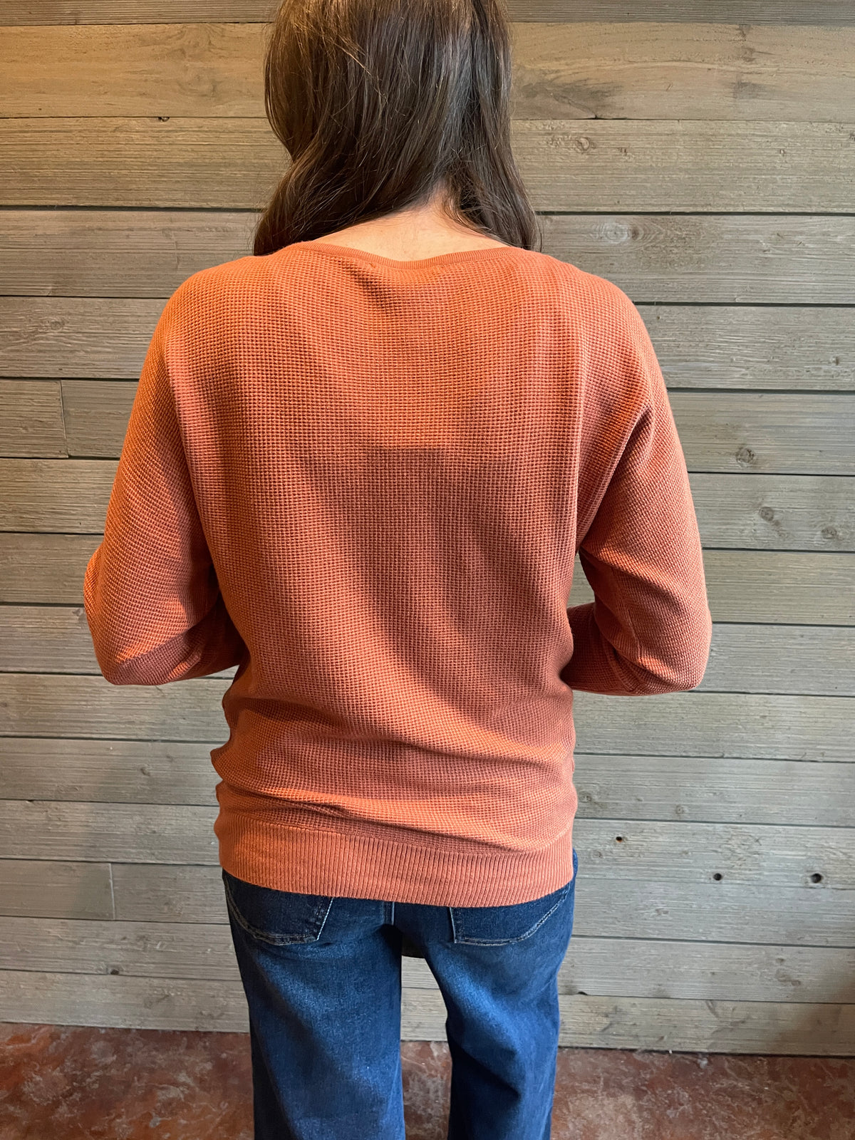 RUST Crew Neck Long Dolman Sleeve Mini Waffle Textured Sweater