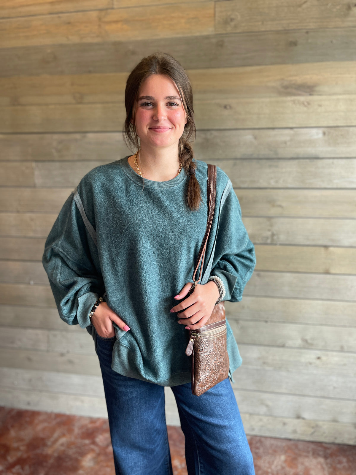DARK TEAL PLUSH OVERSIZED KNIT PULLOVER