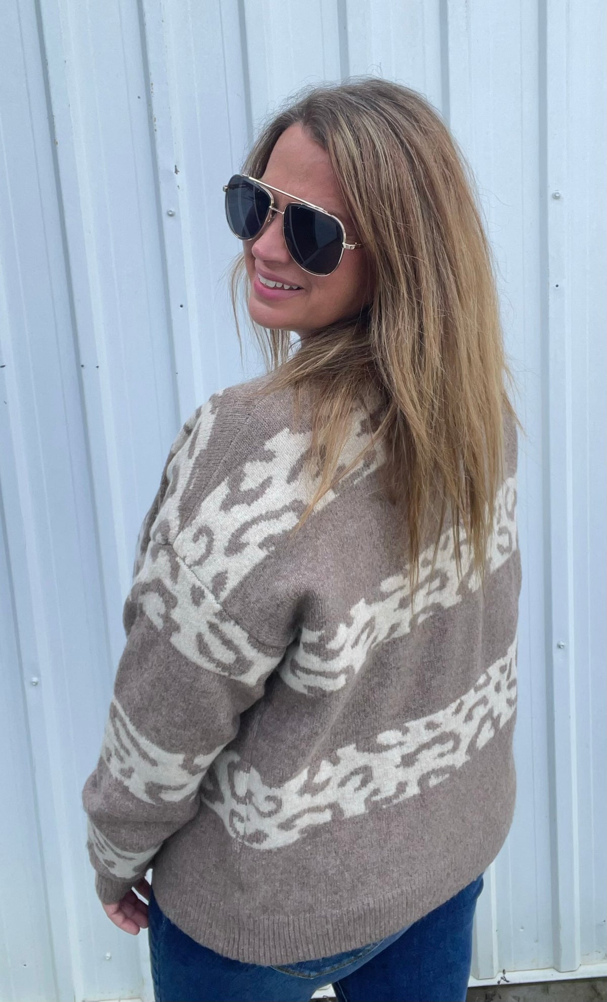LT MOCHA Leopard Stripe Color Blocked, Open Front SWEATER CARDIGAN