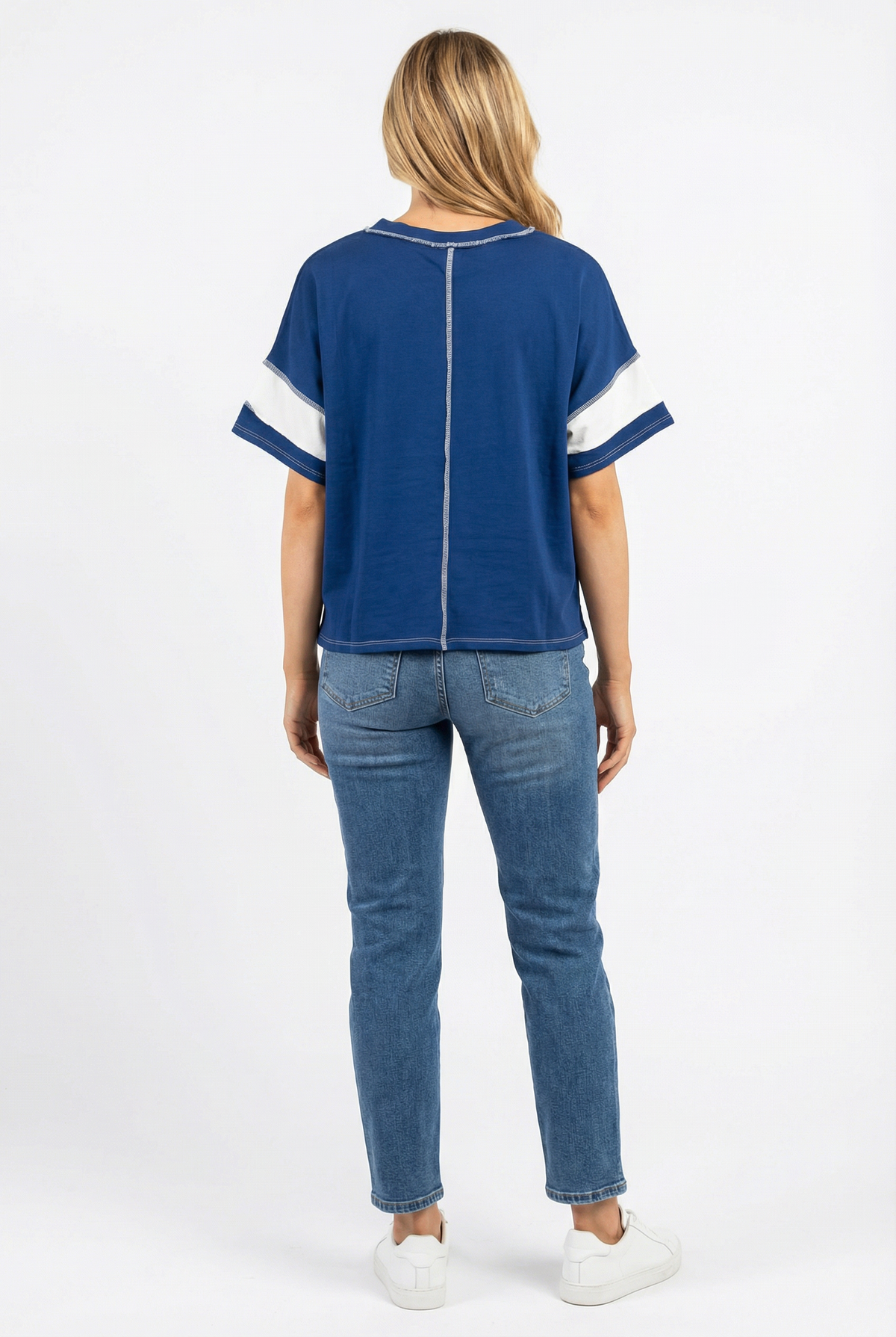 NAVY/WHITE COLORBLOCK EXPOSED SEAM KNIT TOP