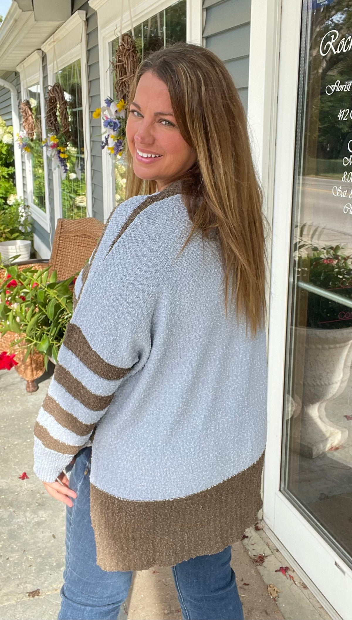 BROWN/SLATE BLUE STRIPED BUTTON OVERSIZED CARDIGAN SWEATER
