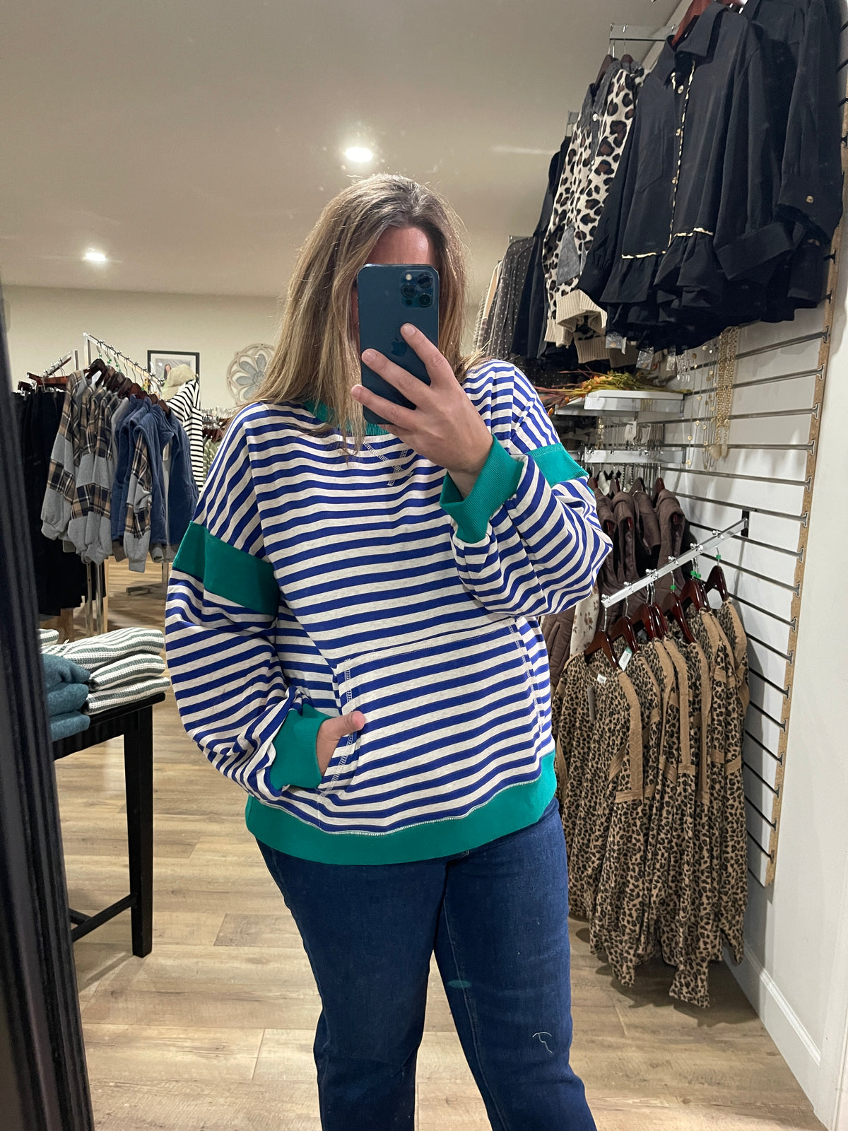 ROYAL BLUE/TEAL STRIPED FRENCH TERRY TOP W/ KANGAROO POCKET