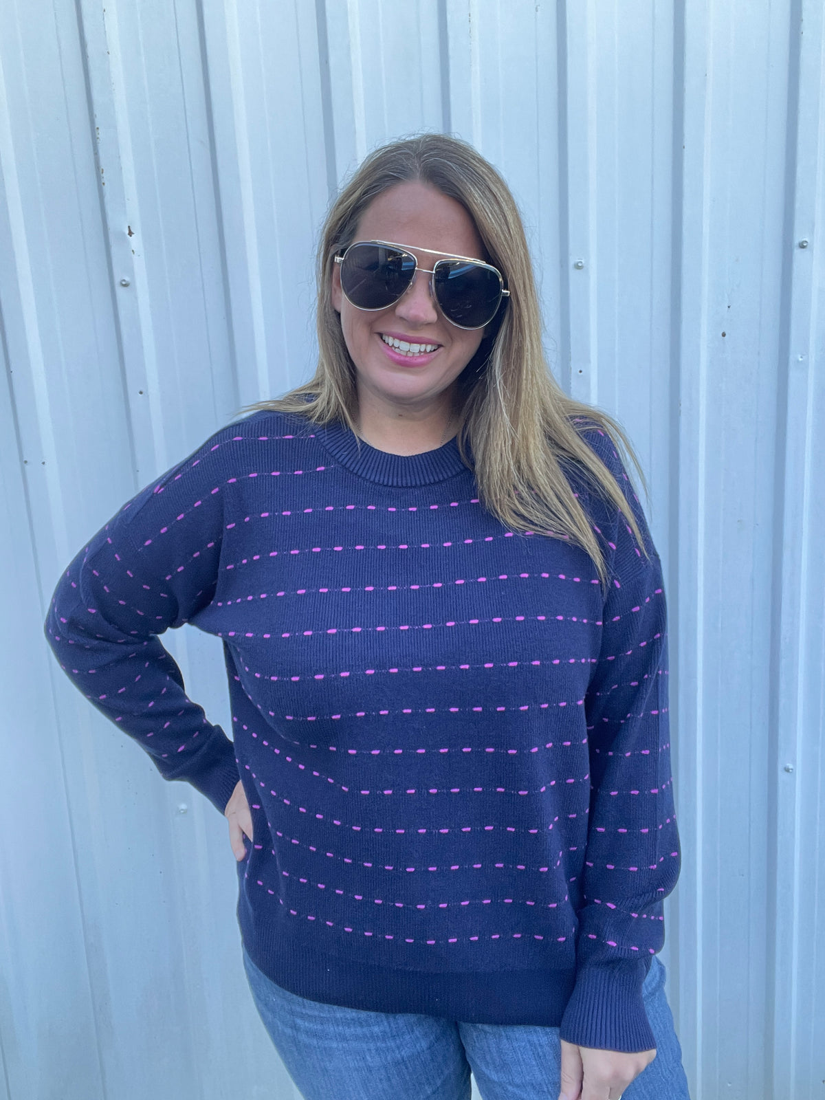 NAVY/FUSCHIA Texture Striped Crew Neck Long Sleeve Pullover Sweater