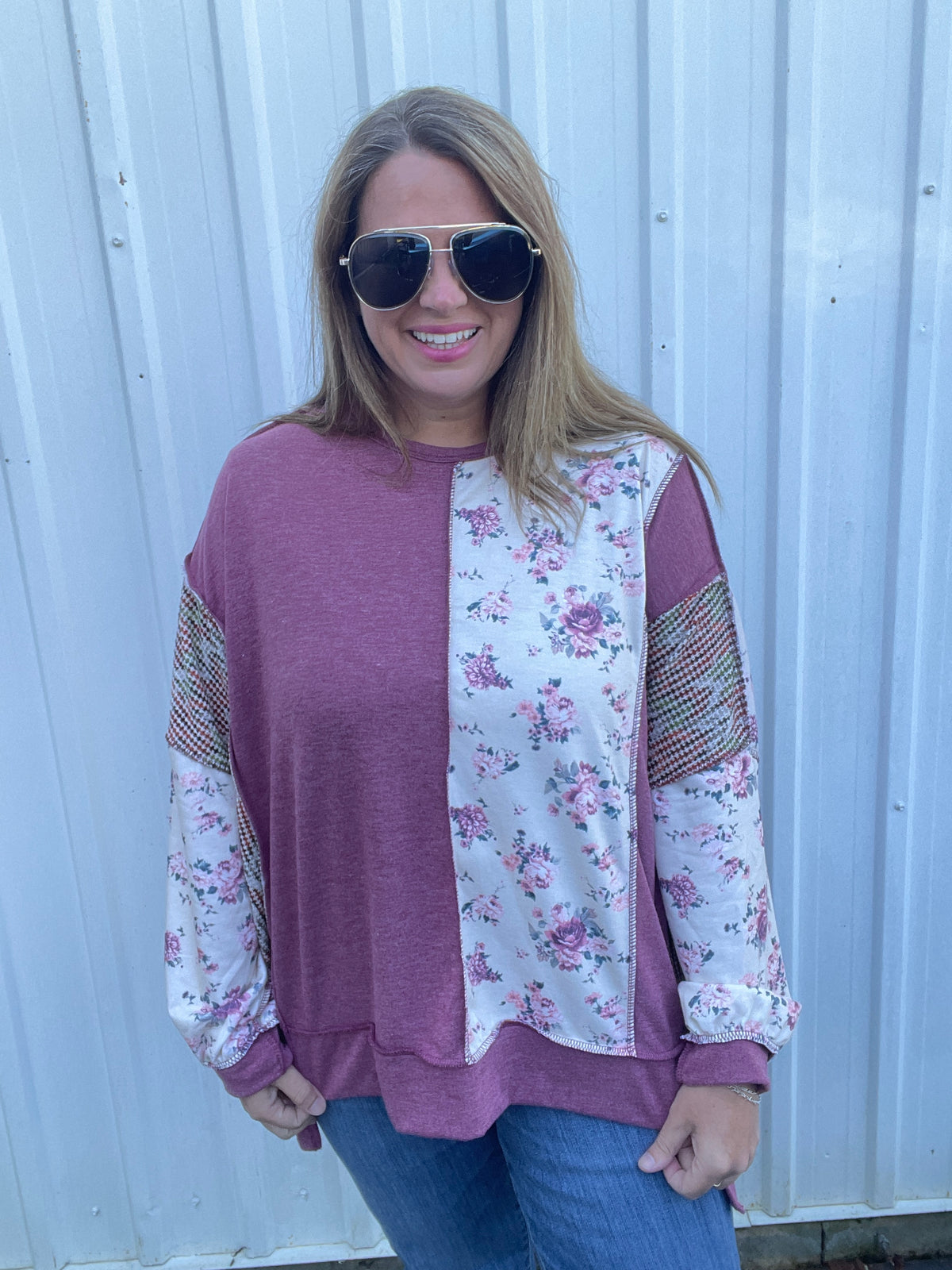 BURDUNDY/TAUPE Round Neck Oversized Loose Fit Pullover Top Featuring Mixed Fabric Paneling