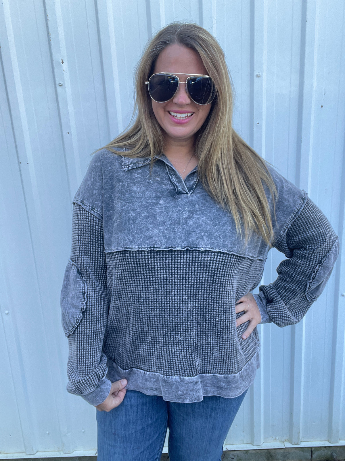 ASHED BLACK MINERAL WASH CONTRAST KNIT TOP