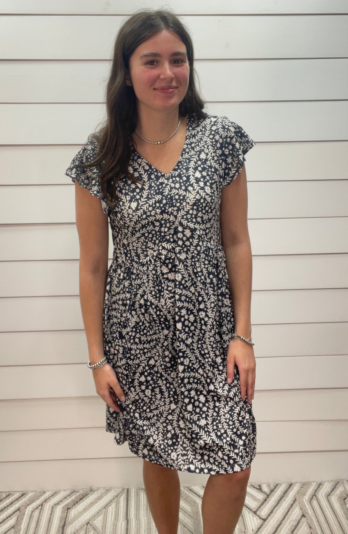 NAVY FLORAL GATHERED WAIST DRESS W/ CAP SLEEVES