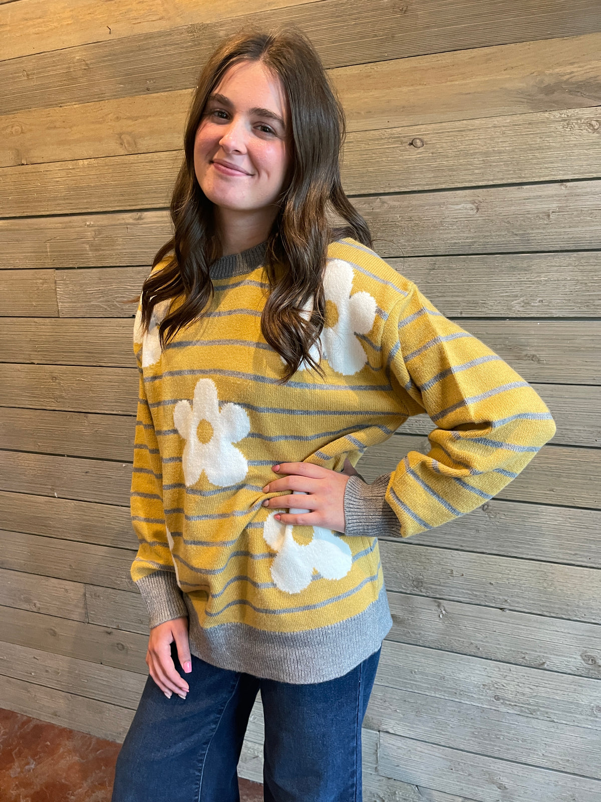 MUSTARD/GREY STRIPED FLORAL KNIT SWEATER