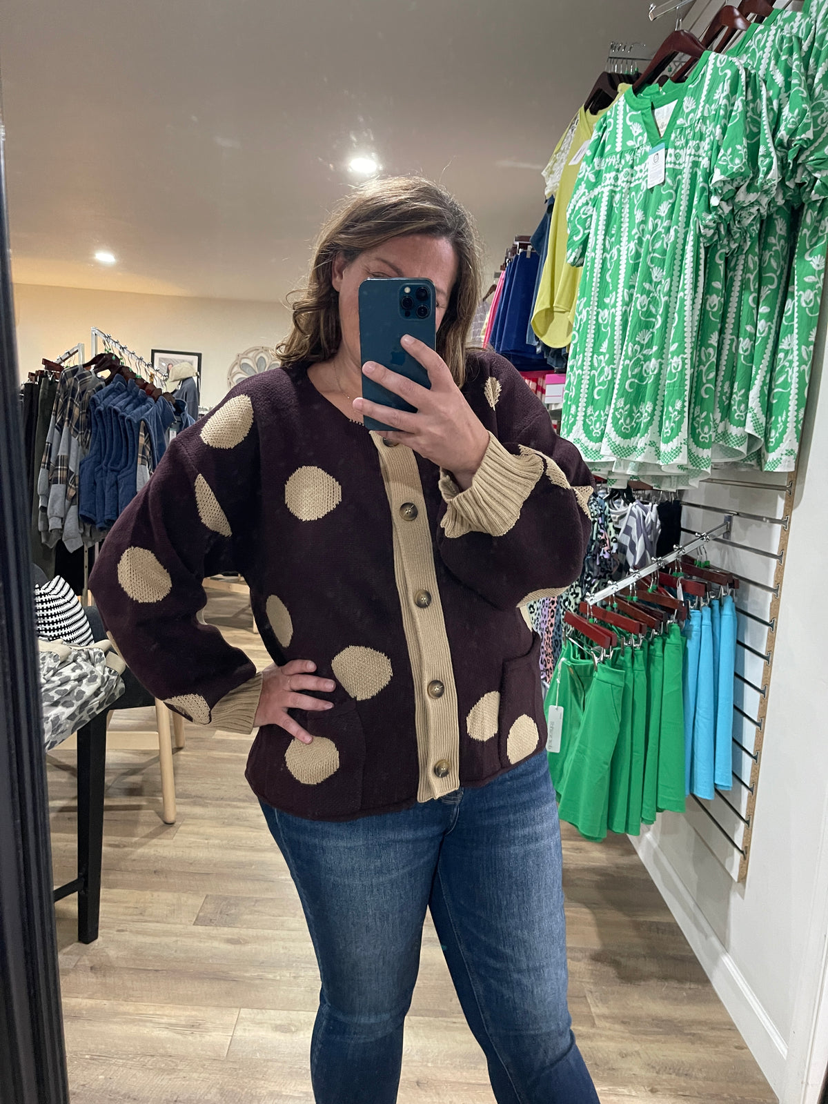 BURNETTE Round Neck Button Down Long Sleeve Polka Dot Jacquard Sweater Cardigan