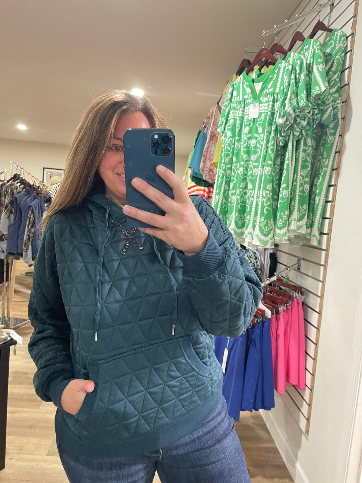 Dark Teal Quilted Hoodie Pullover Top With Contrast Floral Print