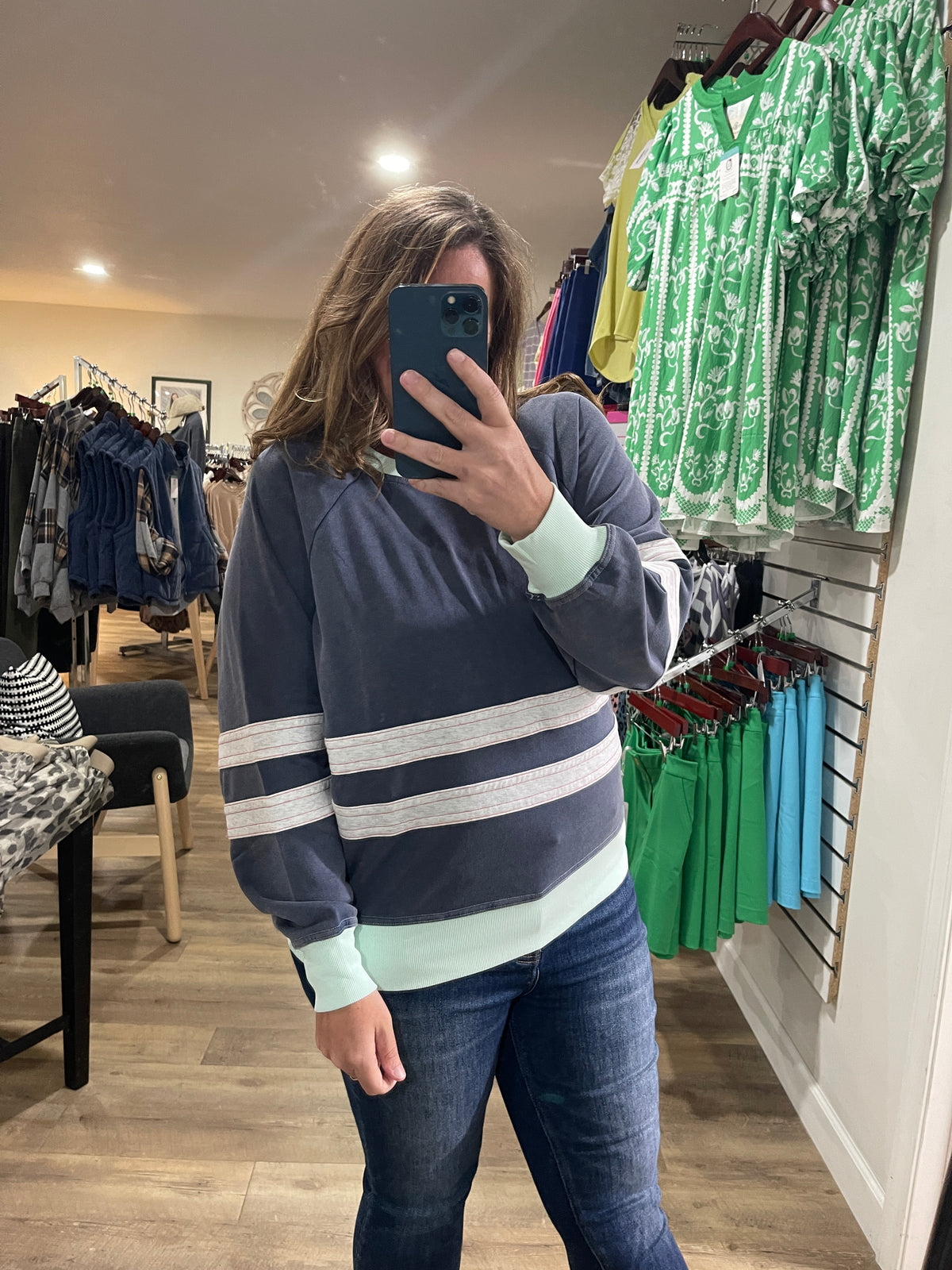 NAVY/MINT MINERAL WASH FRENCH TERRY STRIPED CONTRAST TOP