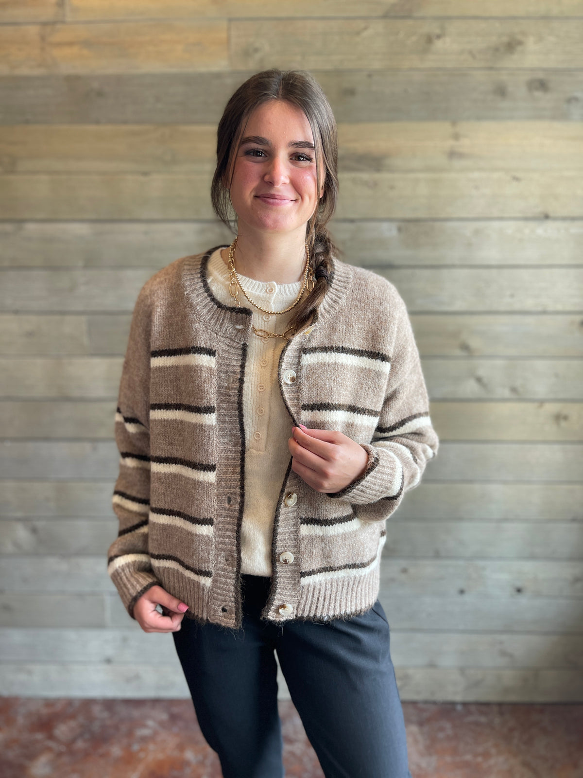 BROWN MULTI STRIPE BUTTON DOWN KNIT SWEATER/CARDIGAN