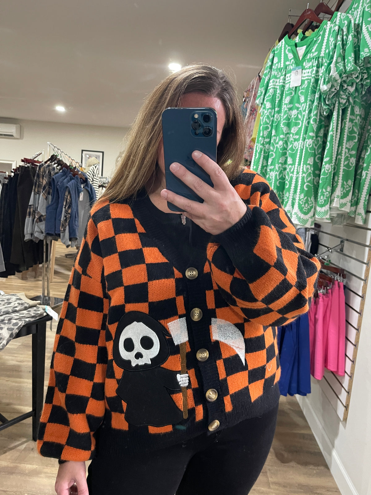 ORANGE/BLACK CHECK GRIM REAPER CARDIGAN