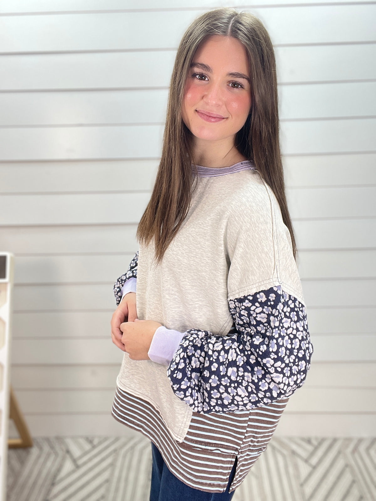 LT HEATHER GREY MIXED CONTRAST OVERSIZED FRENCH TERRY PULLOVER