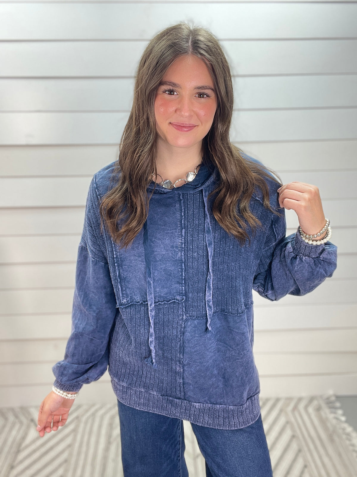 NAVY Mineral wash Sweater Block Stitched Hoodie Shirt