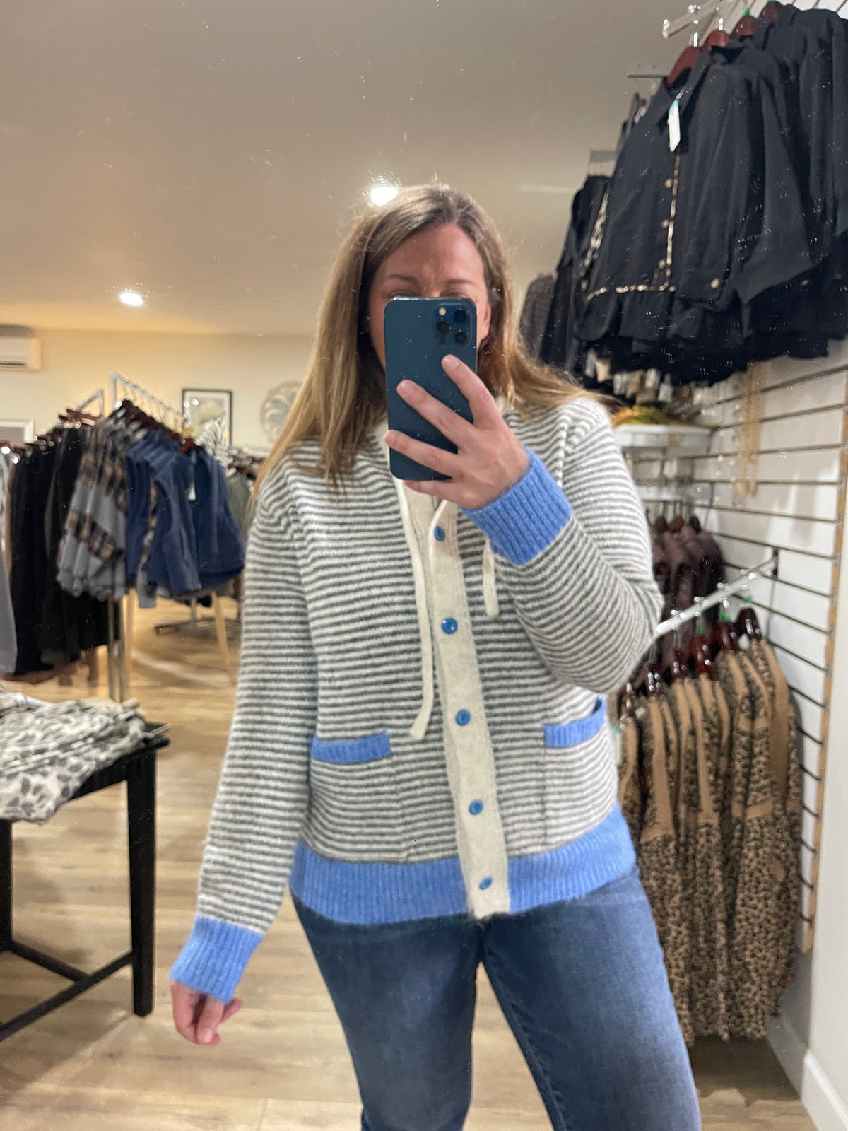 GREY/BLUE Striped, Contrast Color Accent, Hoodie, Button Down Sweater/Cardigan