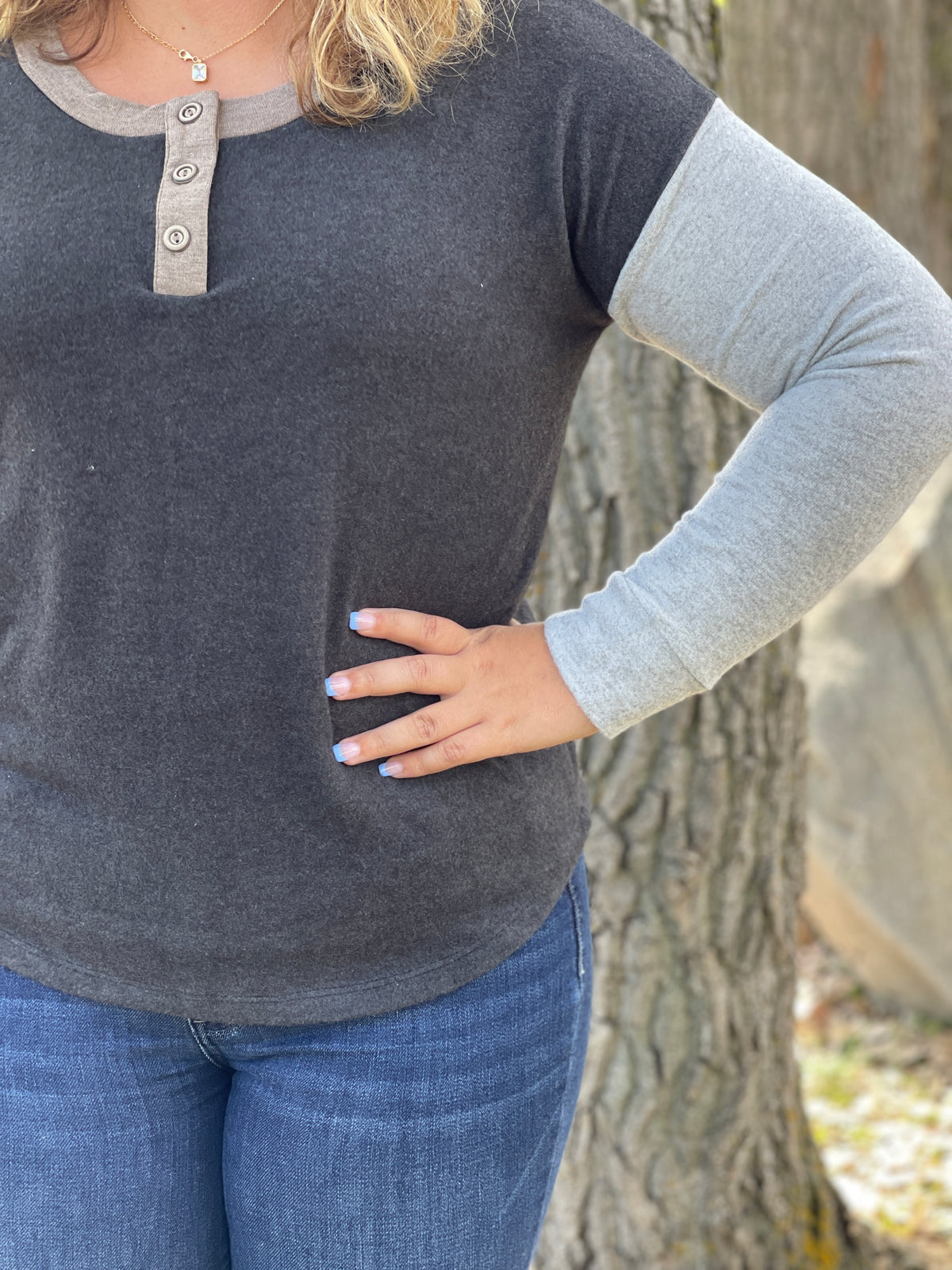 CHARCOAL/GREY BRUSHED KNIT BUTTON TOP