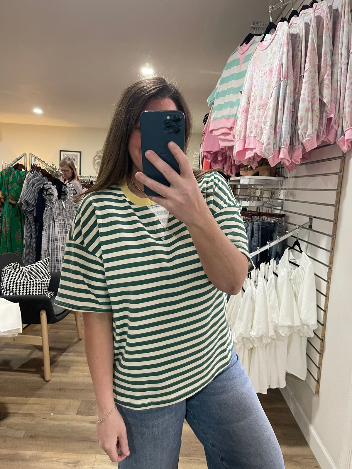 GREEN/CREAM STRIPED FRENCH TERRY KNIT TOP W/ YELLOW TRIM