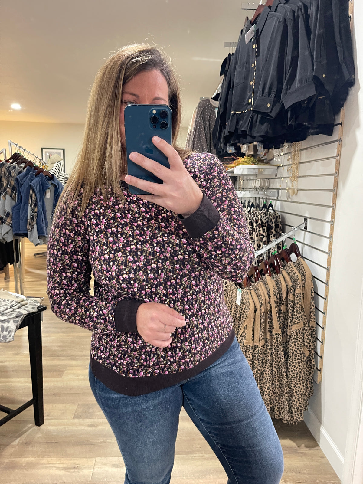 PLUM Wide Crew Neck, Long Sleeve, Floral Printed Hacci Top
