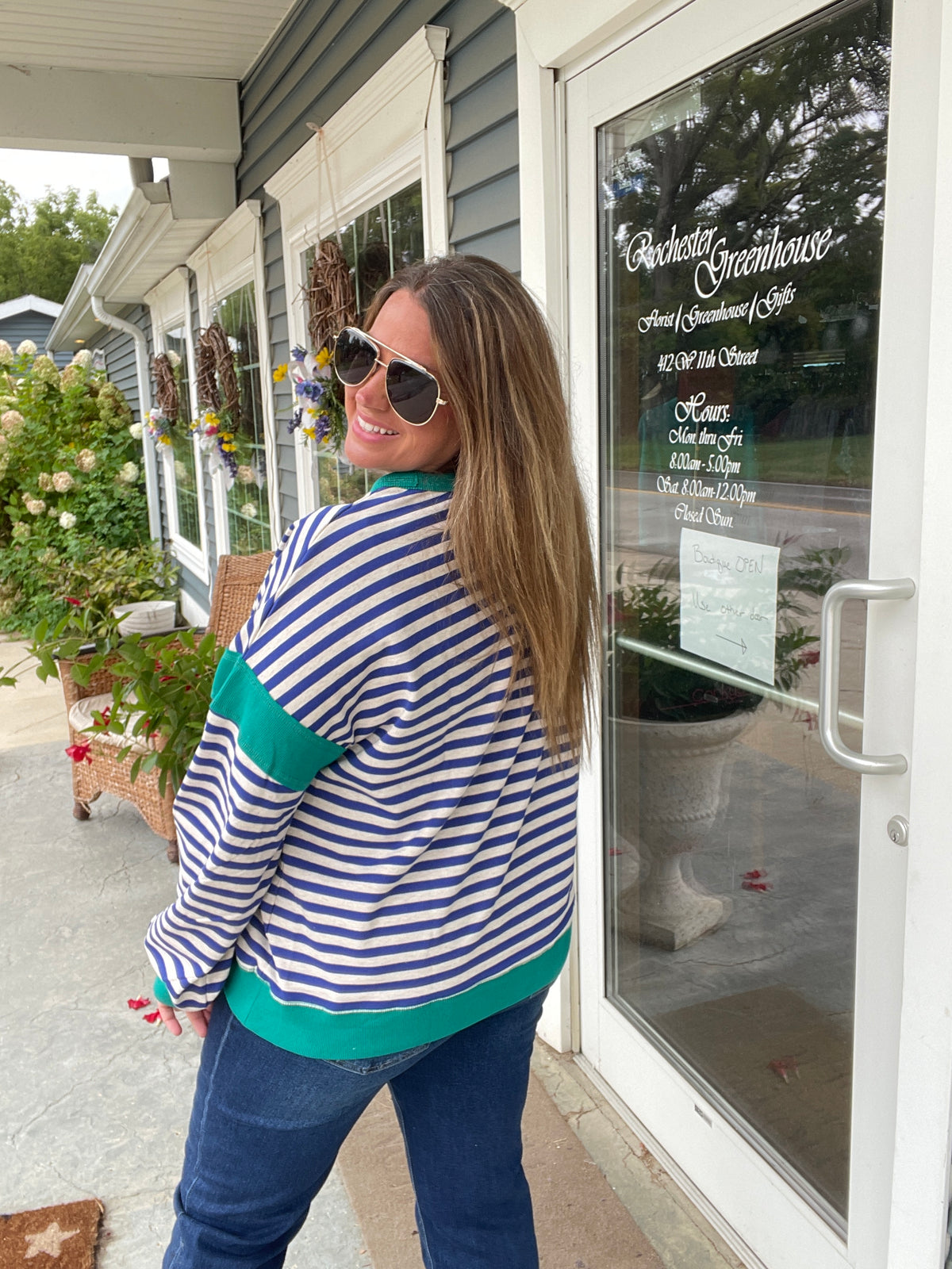 ROYAL BLUE/TEAL STRIPED FRENCH TERRY TOP W/ KANGAROO POCKET