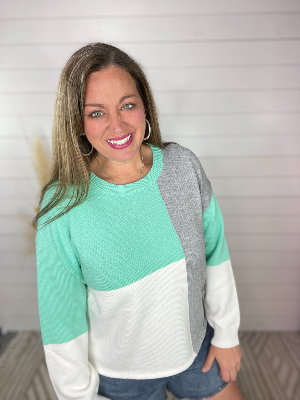 MINT/WHITE/GREY COLORBLOCK SWEATER