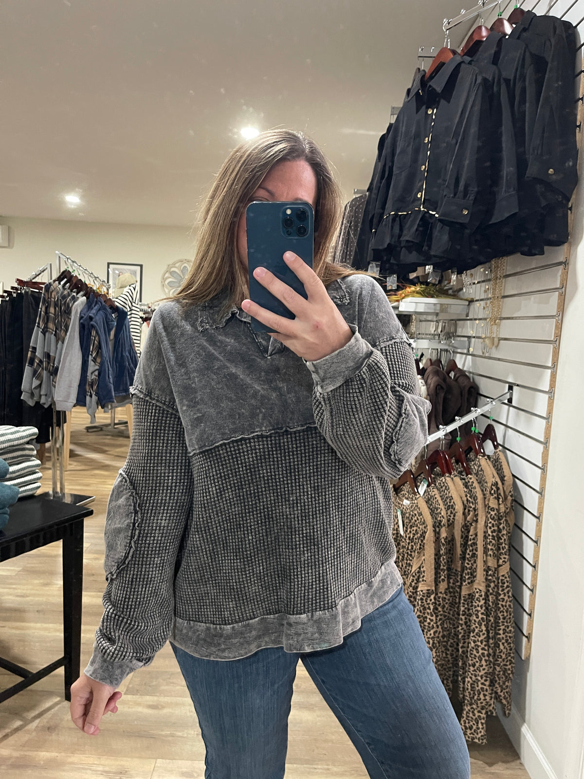 ASHED BLACK MINERAL WASH CONTRAST KNIT TOP
