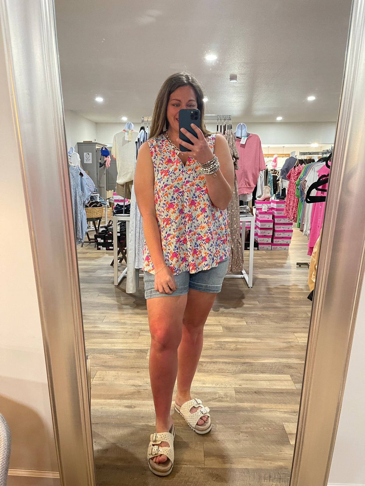 PINK/ORANGE SLEEVELESS FLORAL WOVEN TOP- FINAL SALE