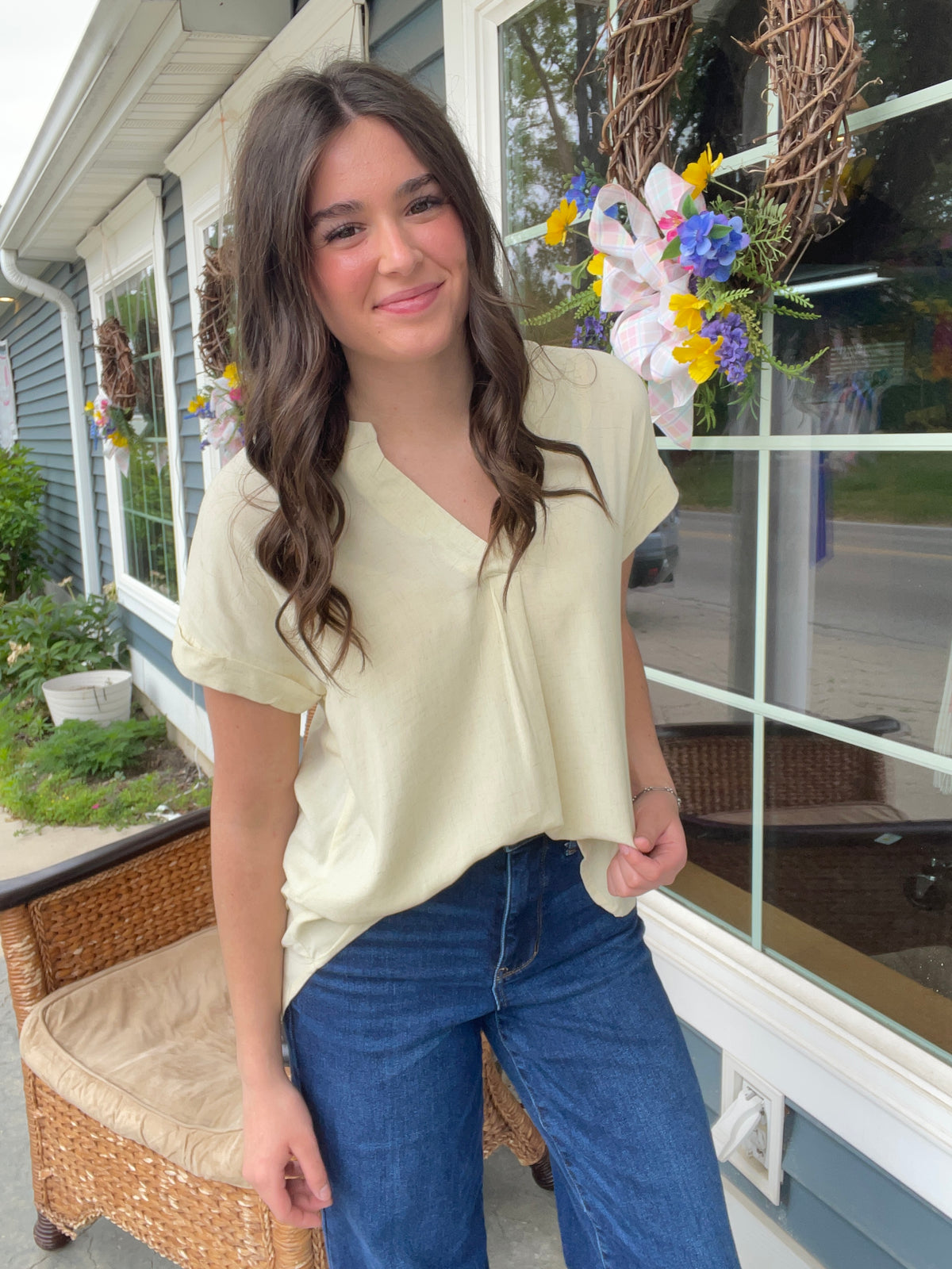 BUTTER YELLOW V NECK WOVEN TOP W/ BACK BUTTON DETAIL