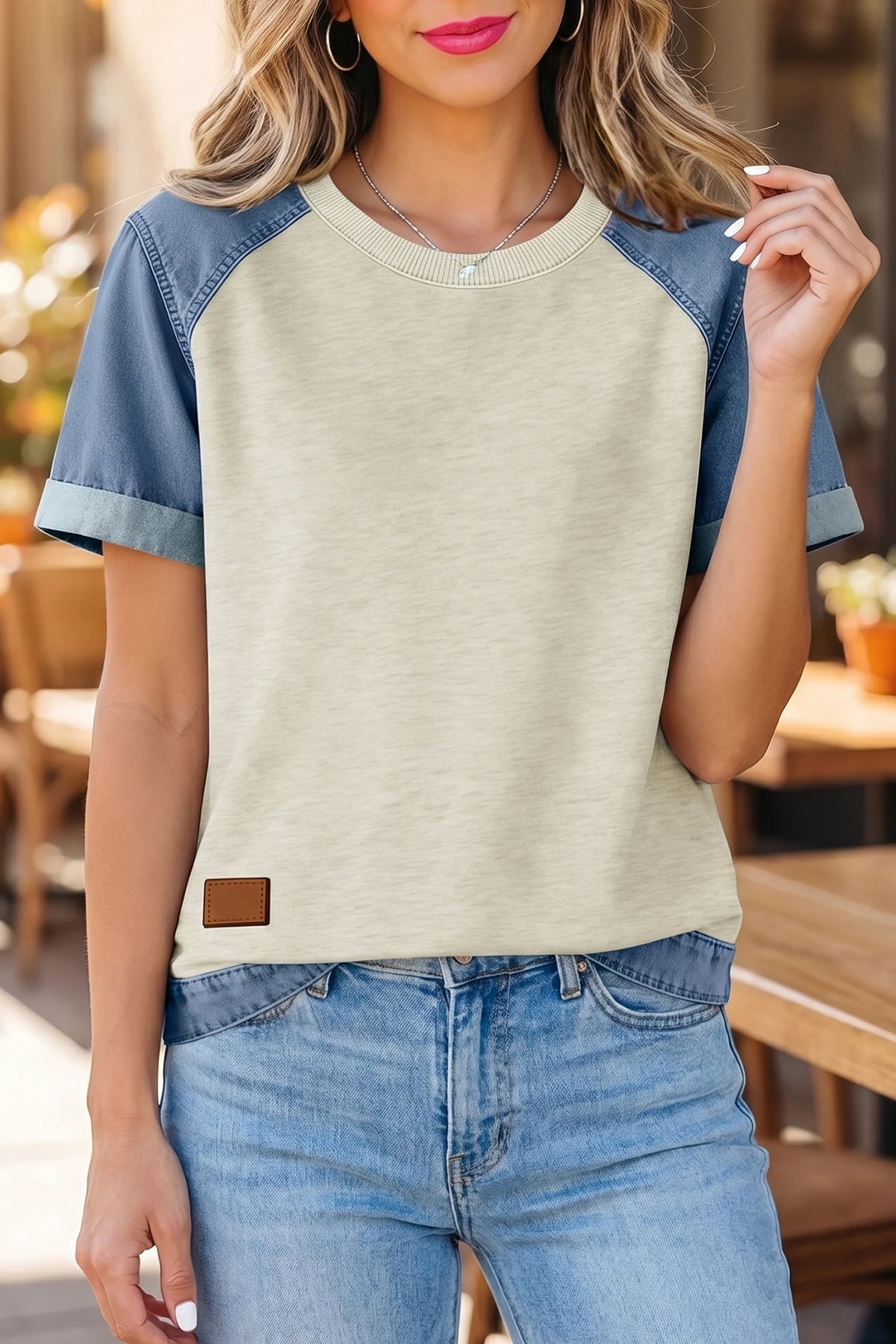 OATMEAL KNIT TOP W/ DENIM TRIM