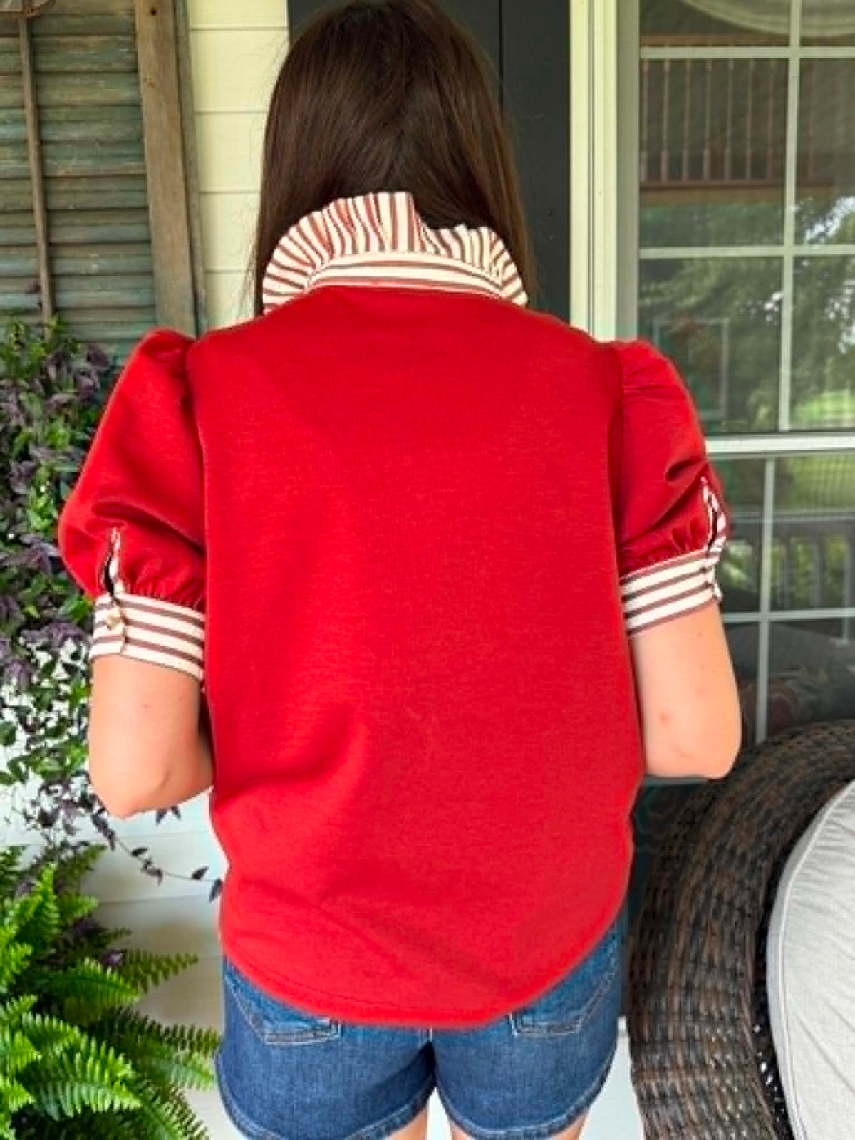 RUST KNIT STRIPED POP COLOR SHORT SLEEVE TOP
