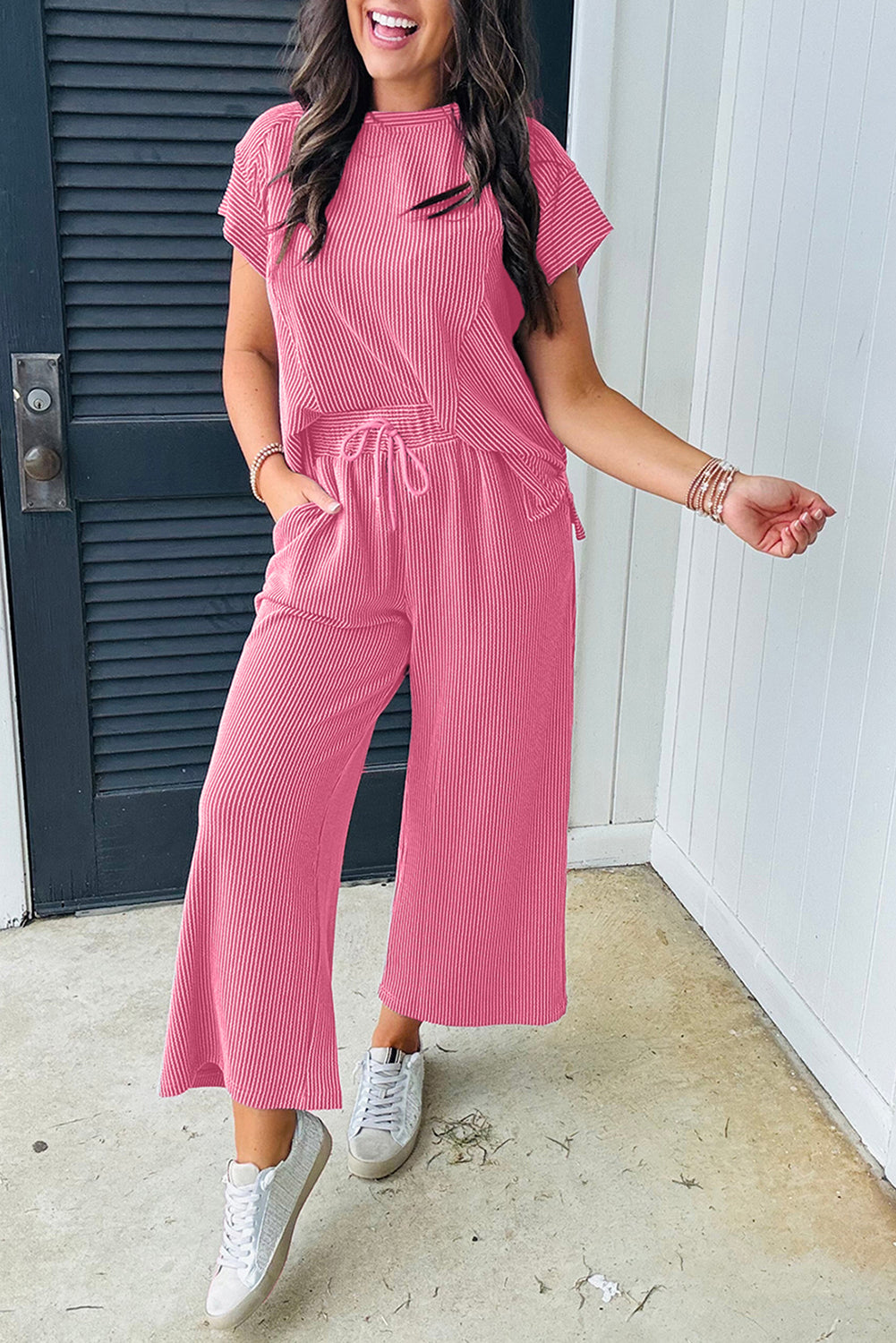 PINK RAISED RIBBED WIDE LEG PANT SET