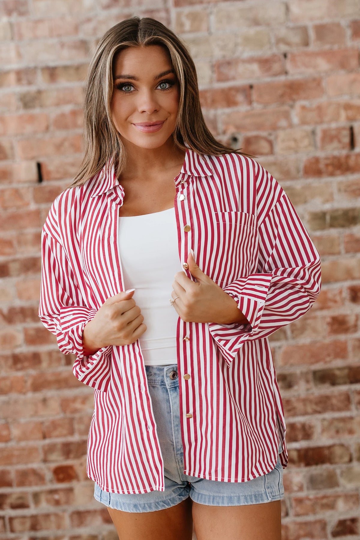 RED STRIPED BUTTON DOWN TOP