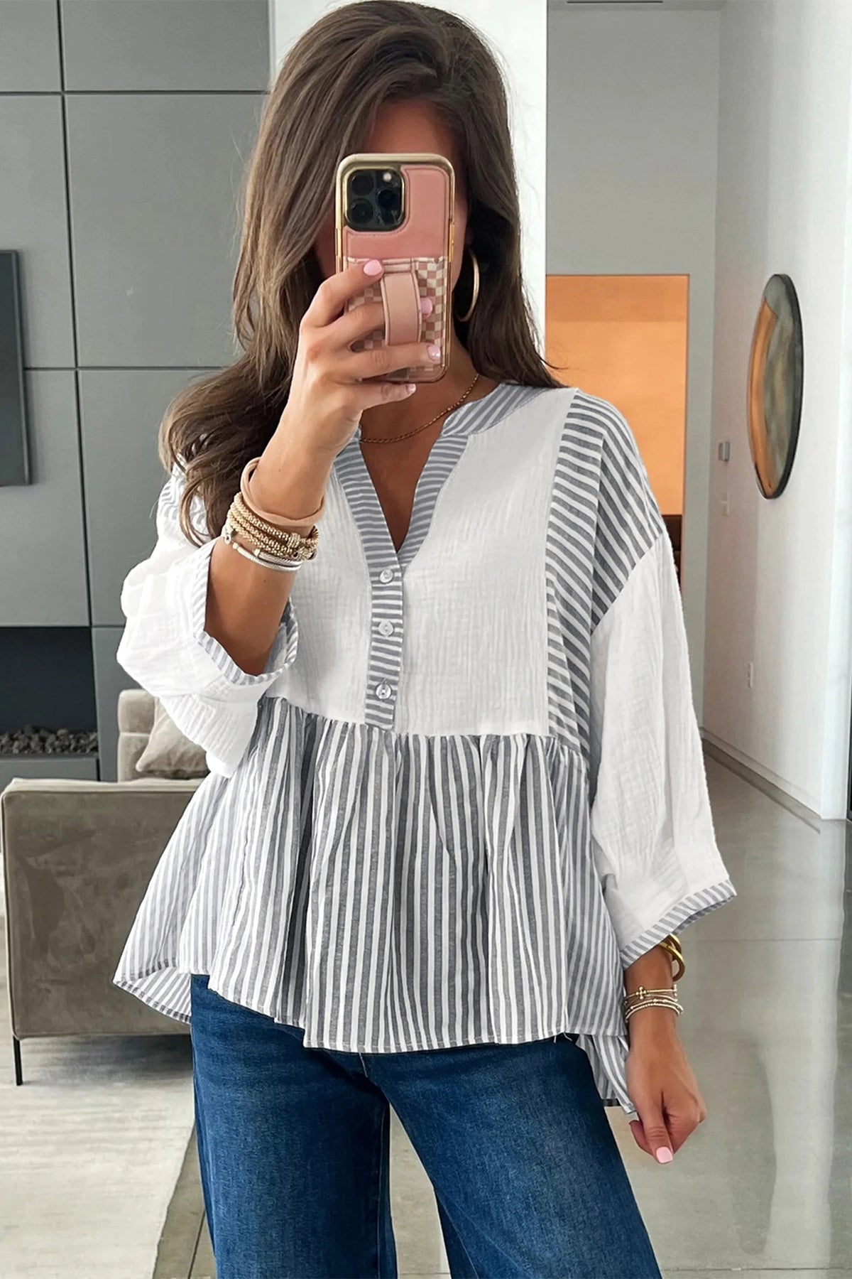 GREY/WHITE STRIPED COLORBLOCK BABYDOLL TOP