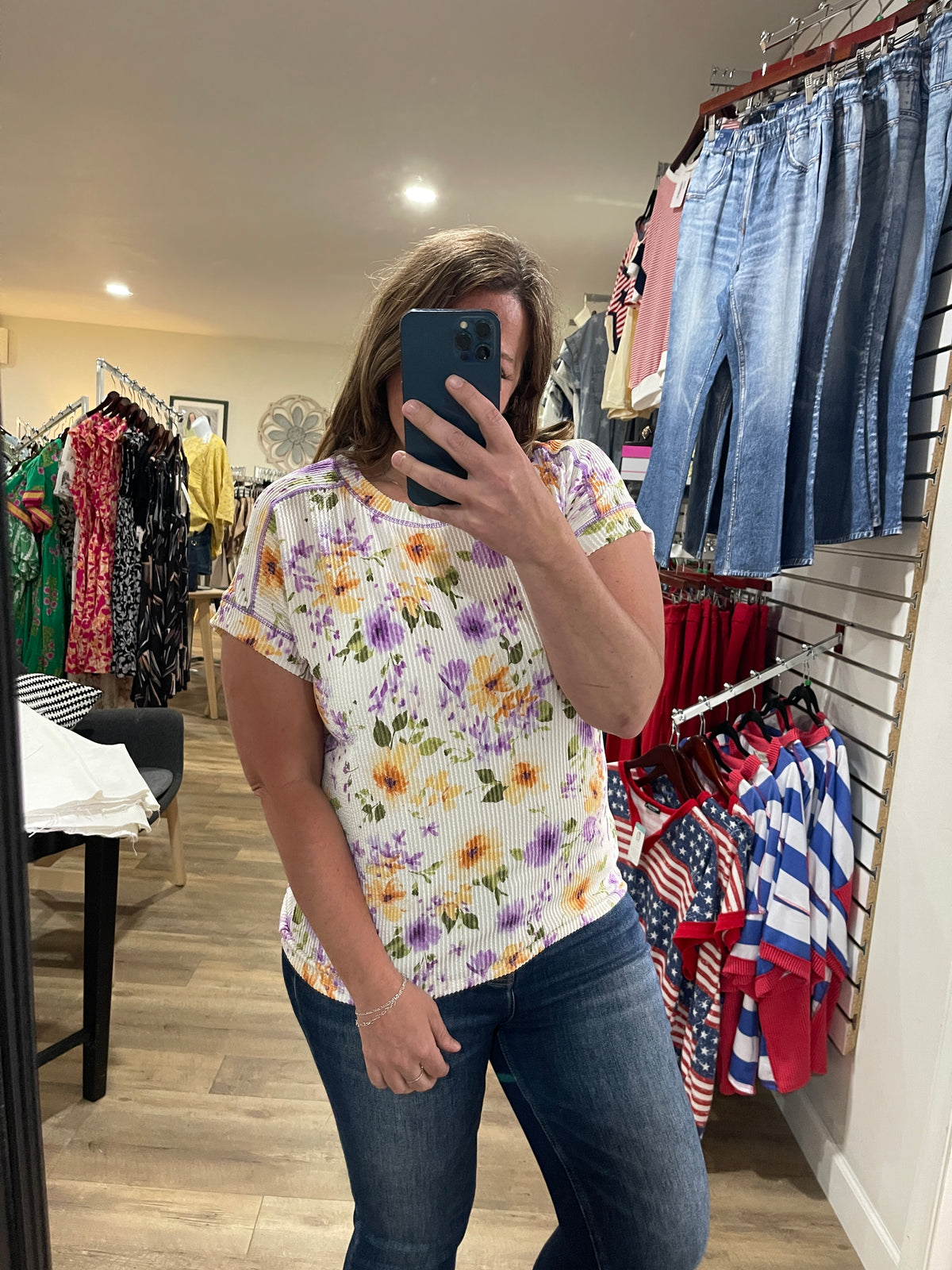WHITE Floral Ribbed Short Sleeve Knit Top