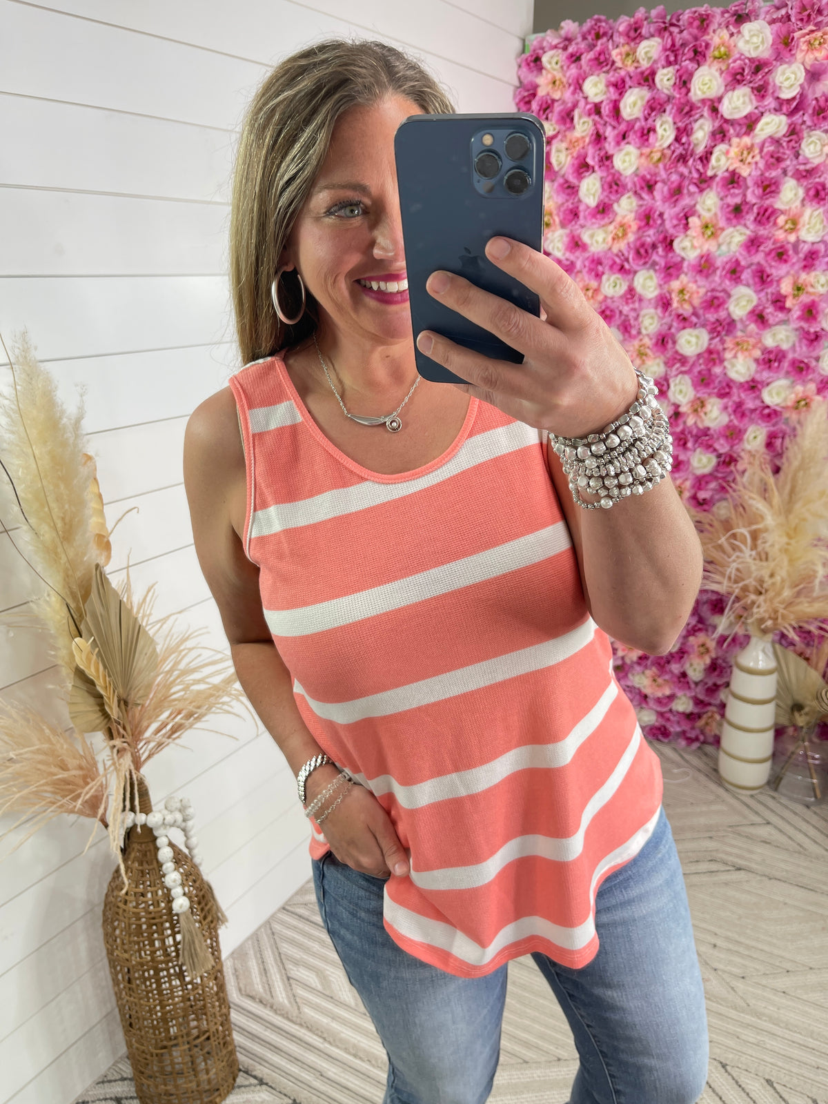 CORAL STRIPED KNIT TANK TOP