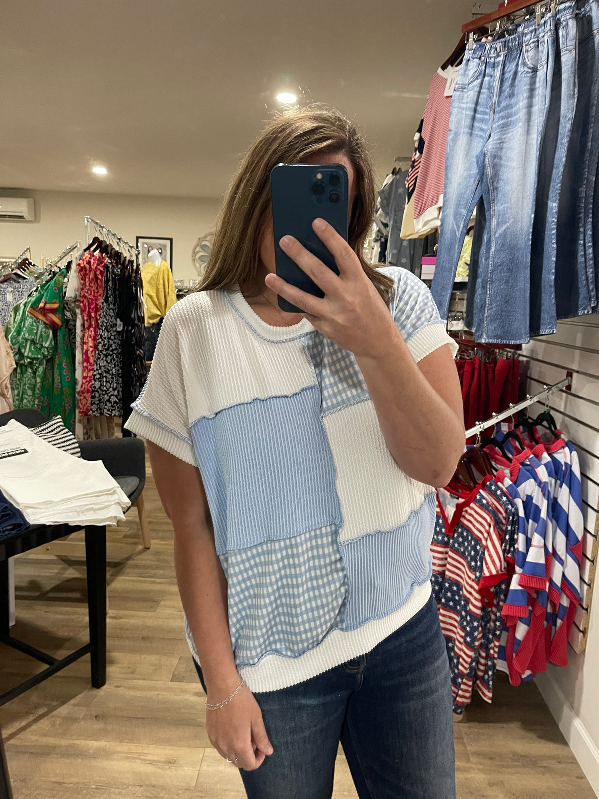 LT BLUE GINGHAM COLORBLOCK KNIT TOP