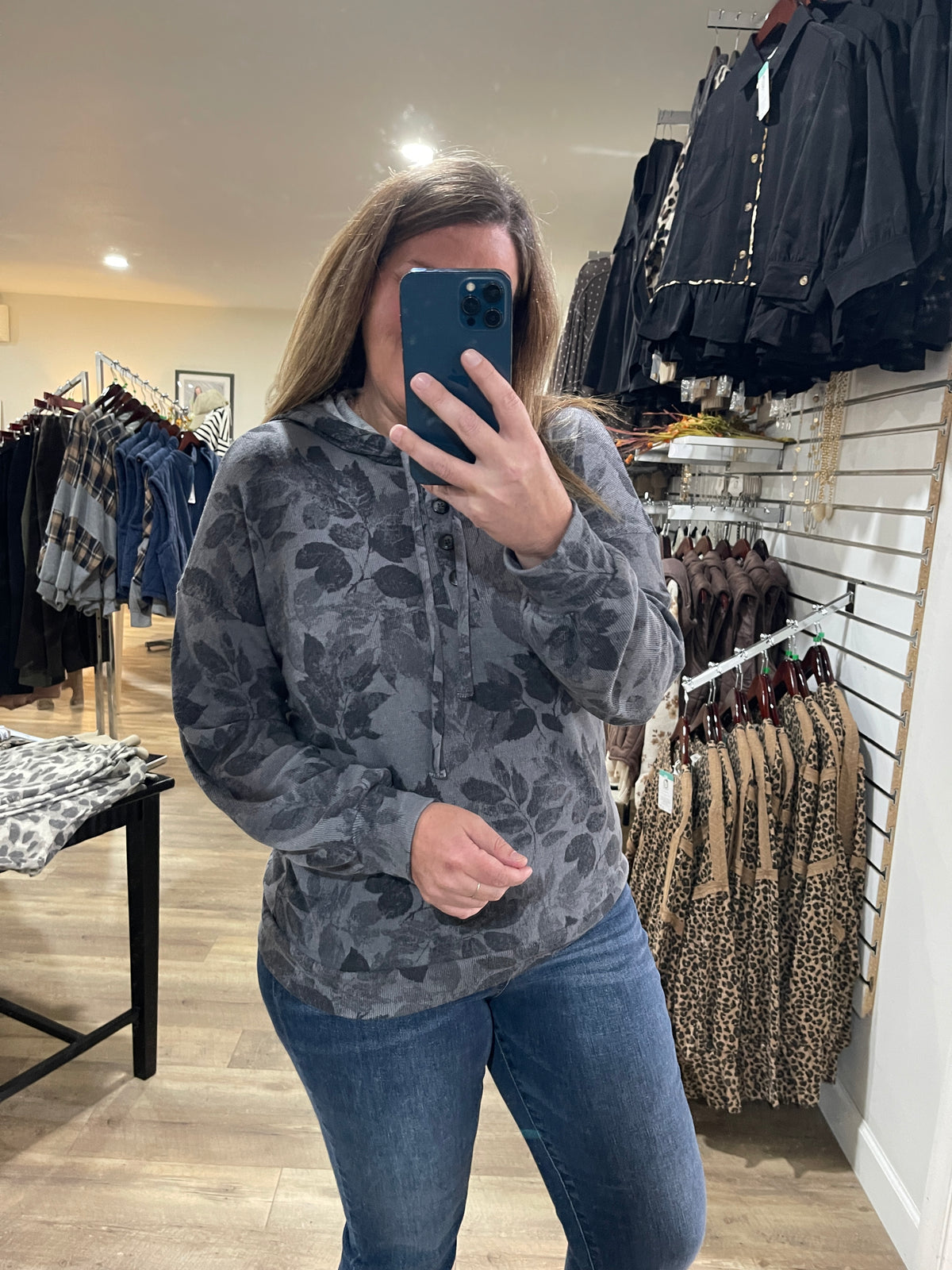 GREY Half Button, Long Sleeve, Floral Printed Drawstring Light Weight Hoodie