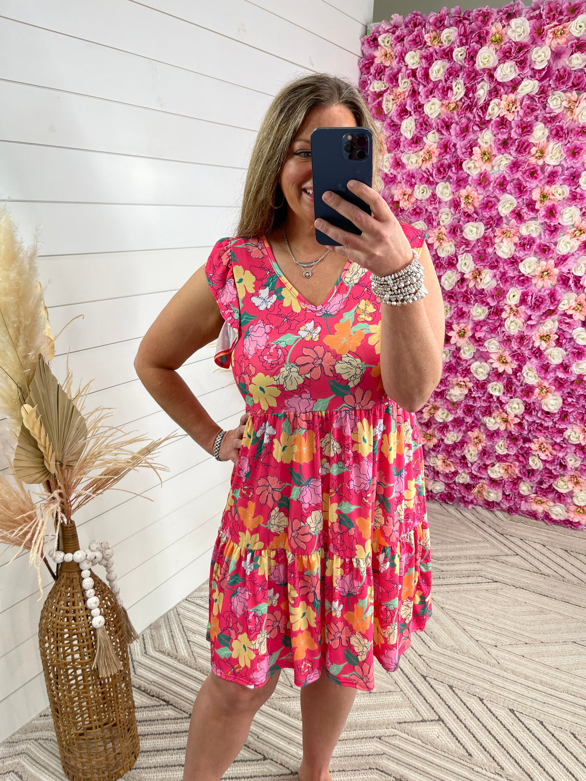 HOT PINK FLORAL TIERED DRESS W/ RUFFLE SLEEVES