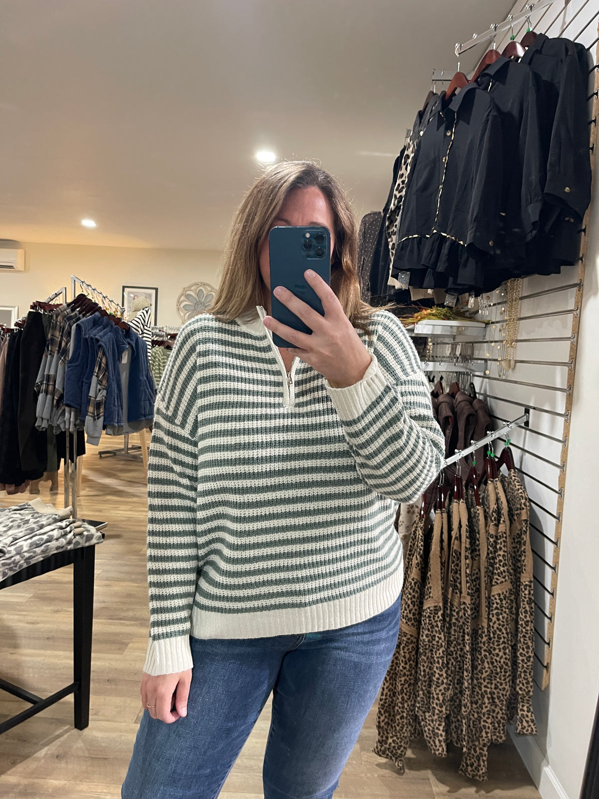 Dark Sage Half Zip Mock Neck Striped Pullover Sweater