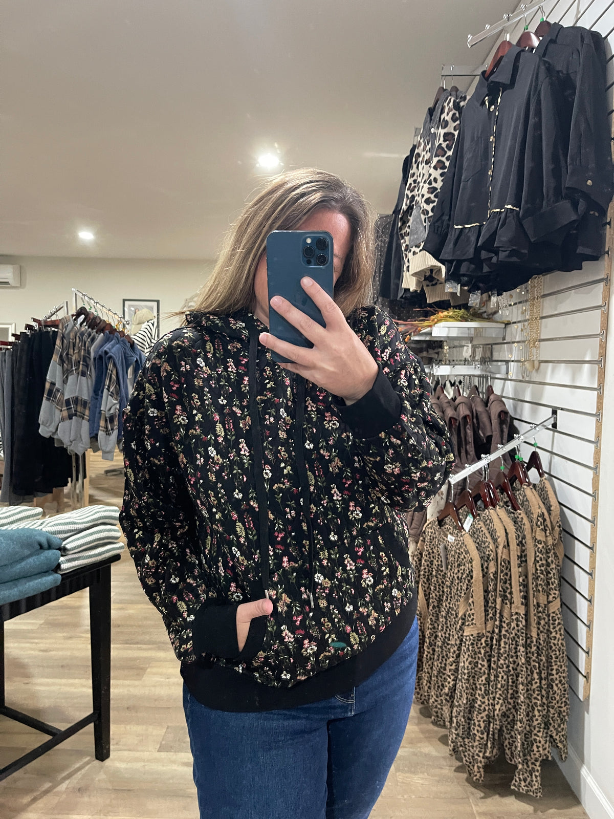 BLACK Printed Quilted Hoodie Pullover Top Kangaroo Pocket