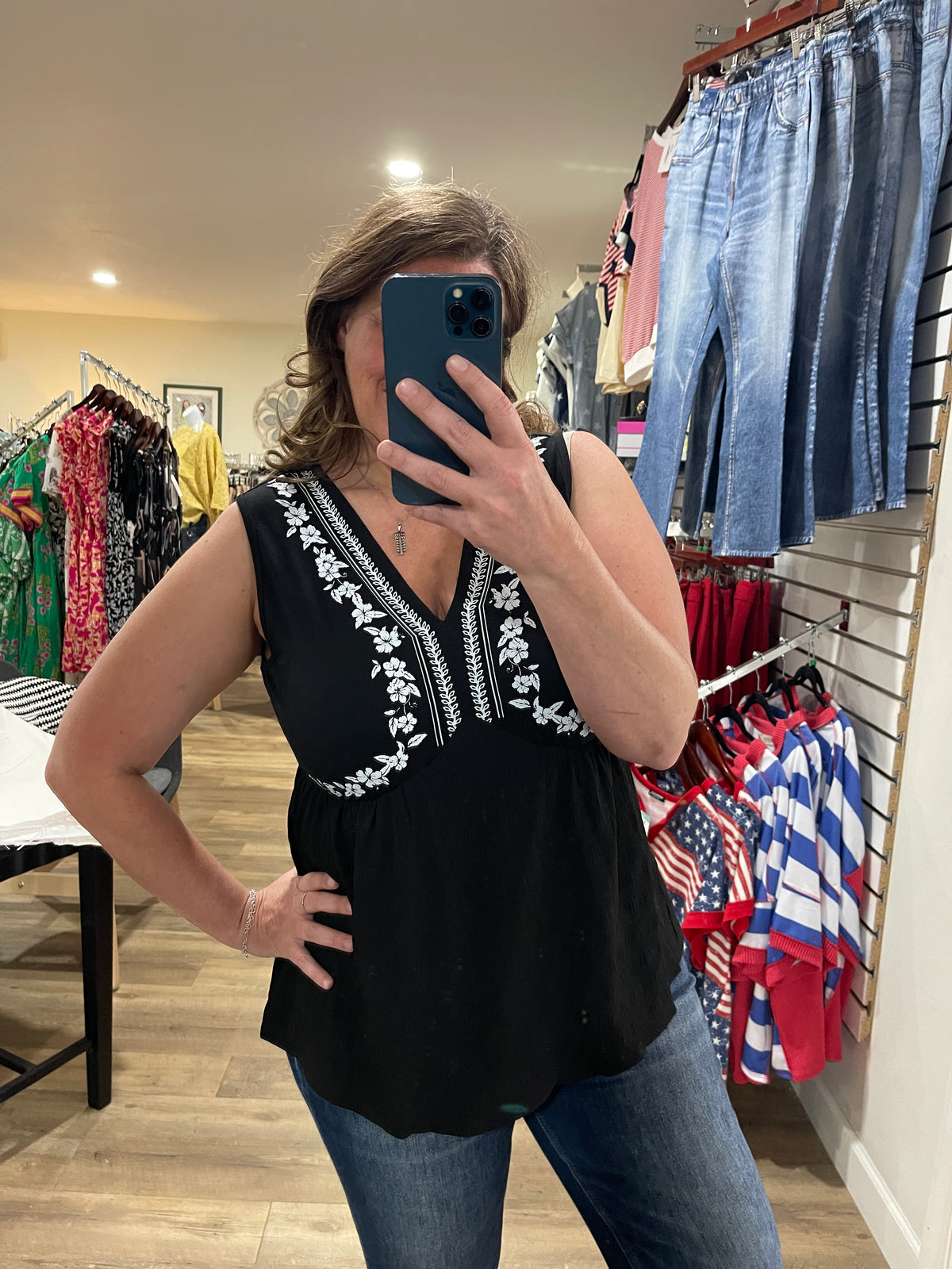 BLACK FLORAL PRINT V NECK TANK TOP