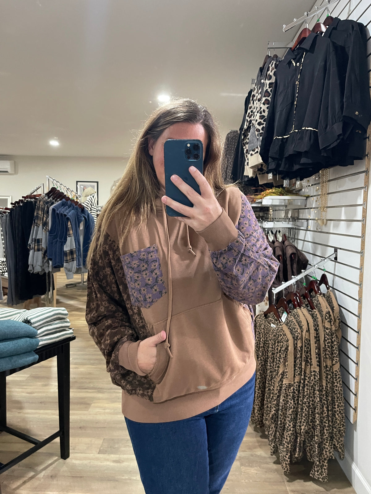 Mocha Floral Colorblock Oversized French Terry Hoodie