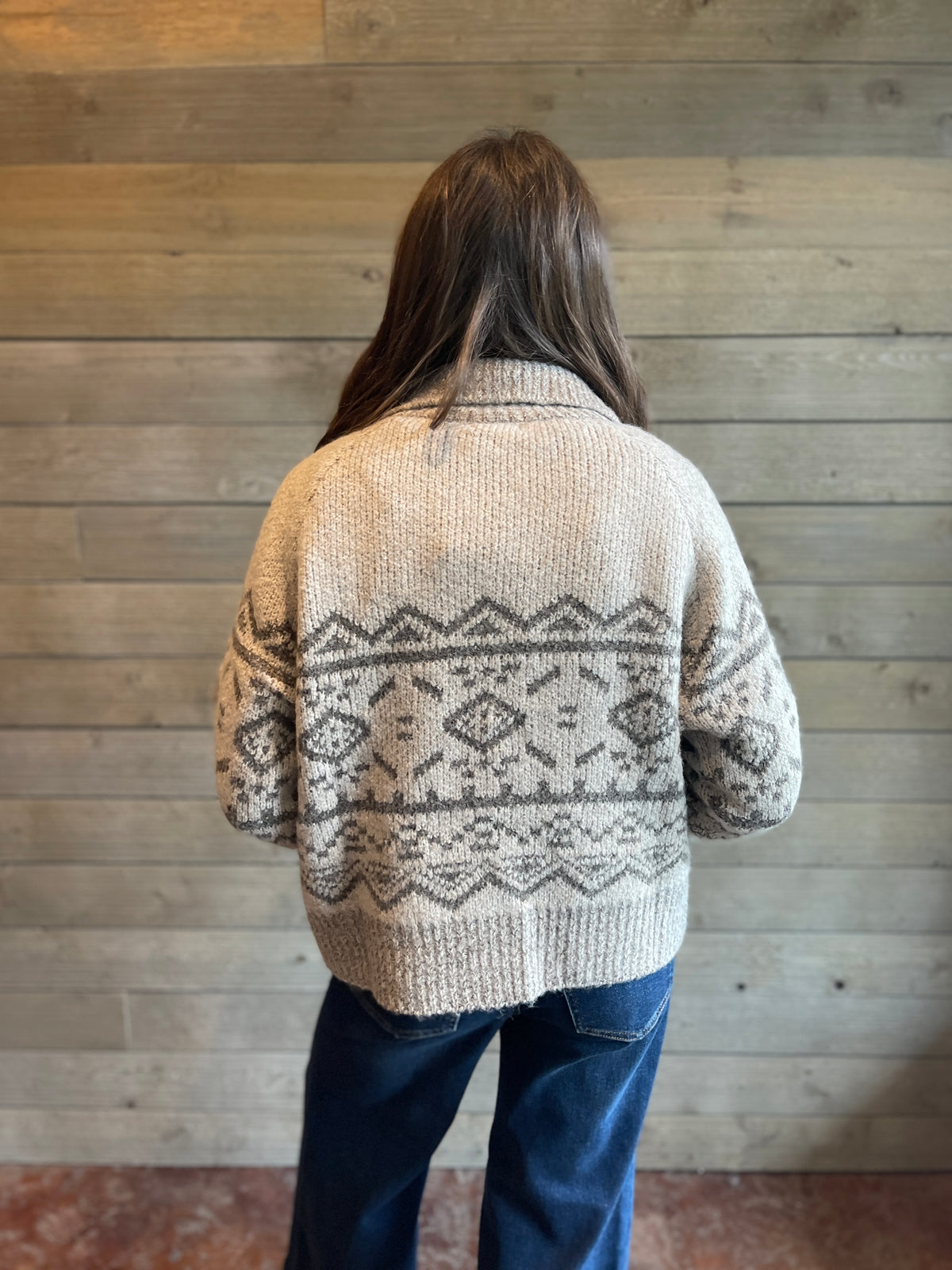 LIGHT TAUPE PRINTED BUTTON CARDIGAN/SWEATER WITH LAY DOWN COLLAR