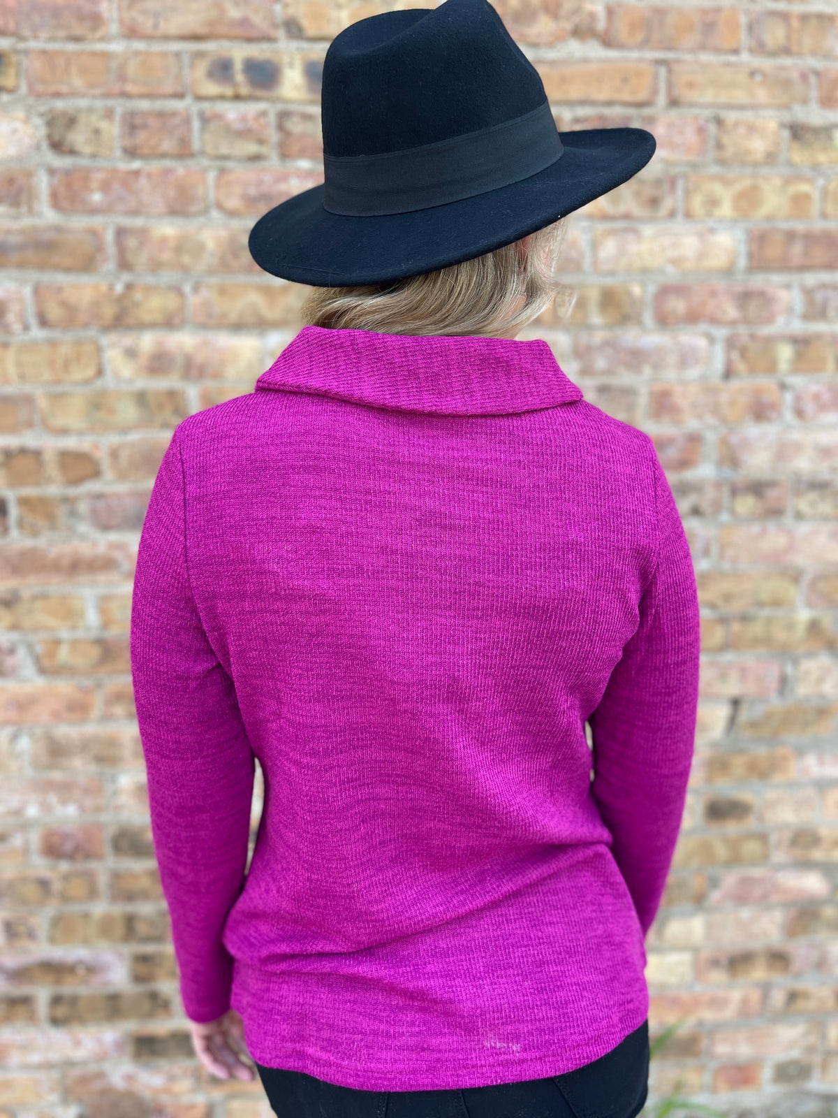 PLUM HEATHERED COWL NECK KNIT TOP