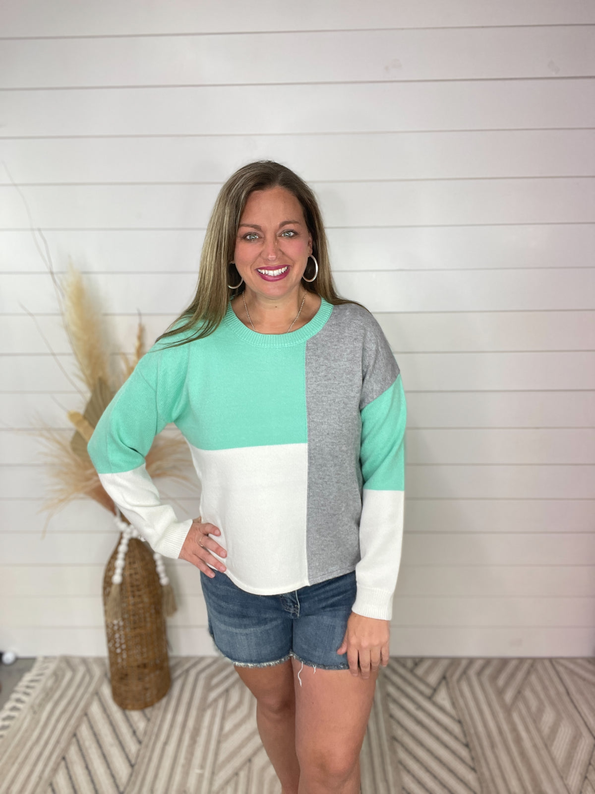 MINT/WHITE/GREY COLORBLOCK SWEATER