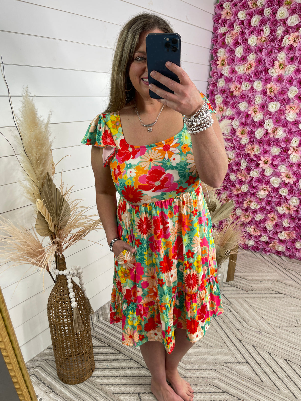BRIGHT FLORAL SQUARE NECK BUTTER DRESS