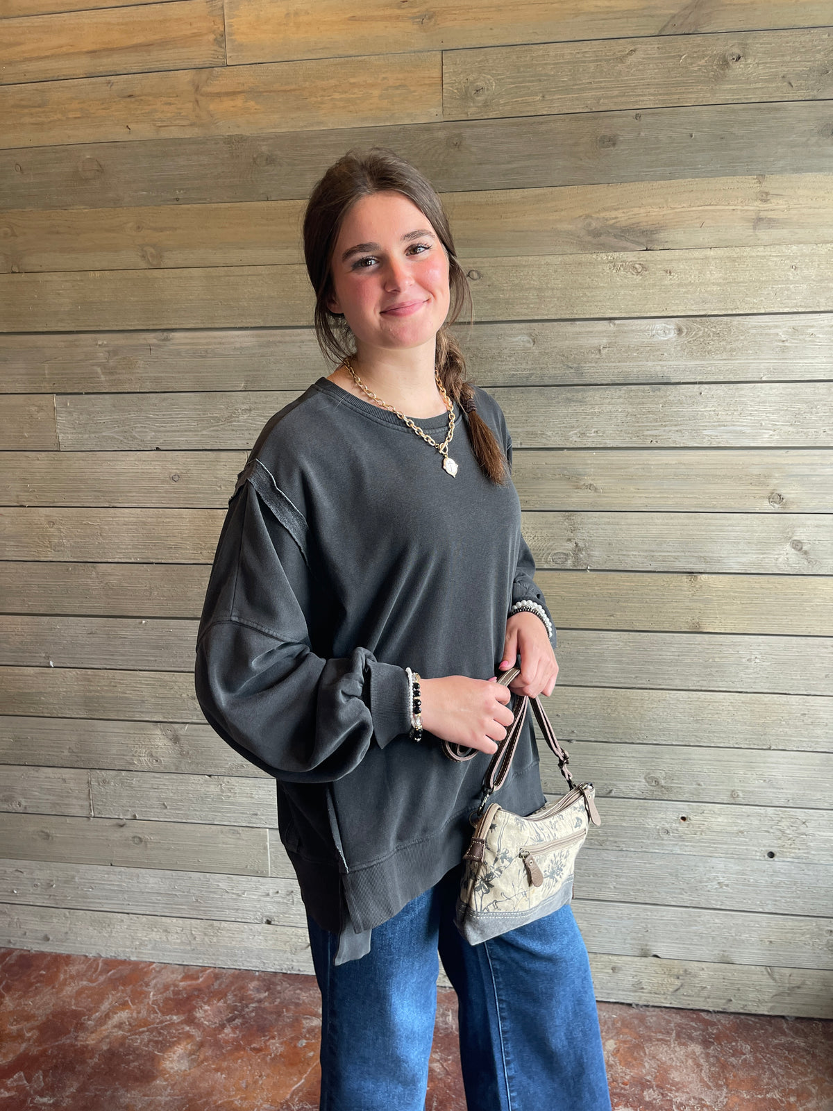 DARK GREY OVERSIZED MINERAL WASH TOP W/ RAW SEAMS